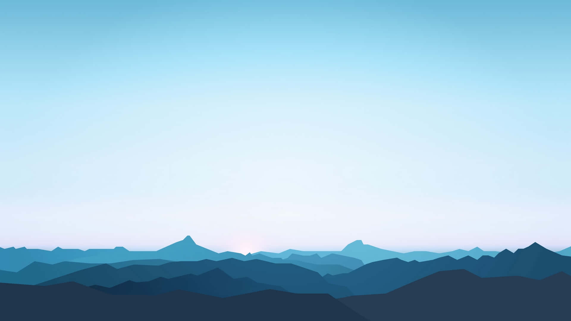 Minimalist Blue 桌布 壁紙 — 層疊的山巒剪影在黎明時分融入漸變的天空，帶有柔和的藍色調。