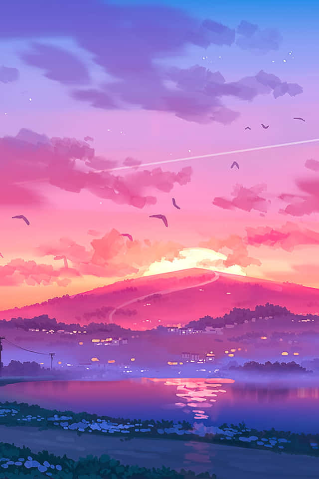 640x960 桌布 壁紙 — 山上夢幻動漫風格的日落，發光的燈光倒映在水面上，鳥兒在粉紫色雲層中飛翔。