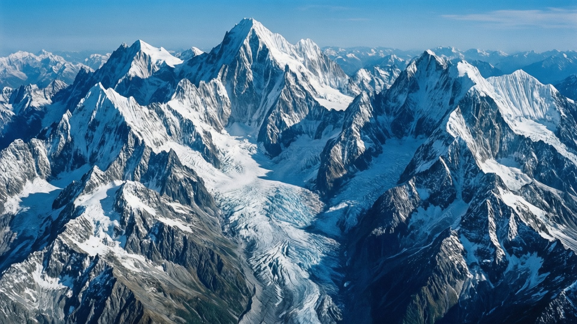 山岳冰川空拍 壁紙 — 晴朗藍天下，鋸齒狀雪山冰川穿過岩石山谷的鳥瞰圖。