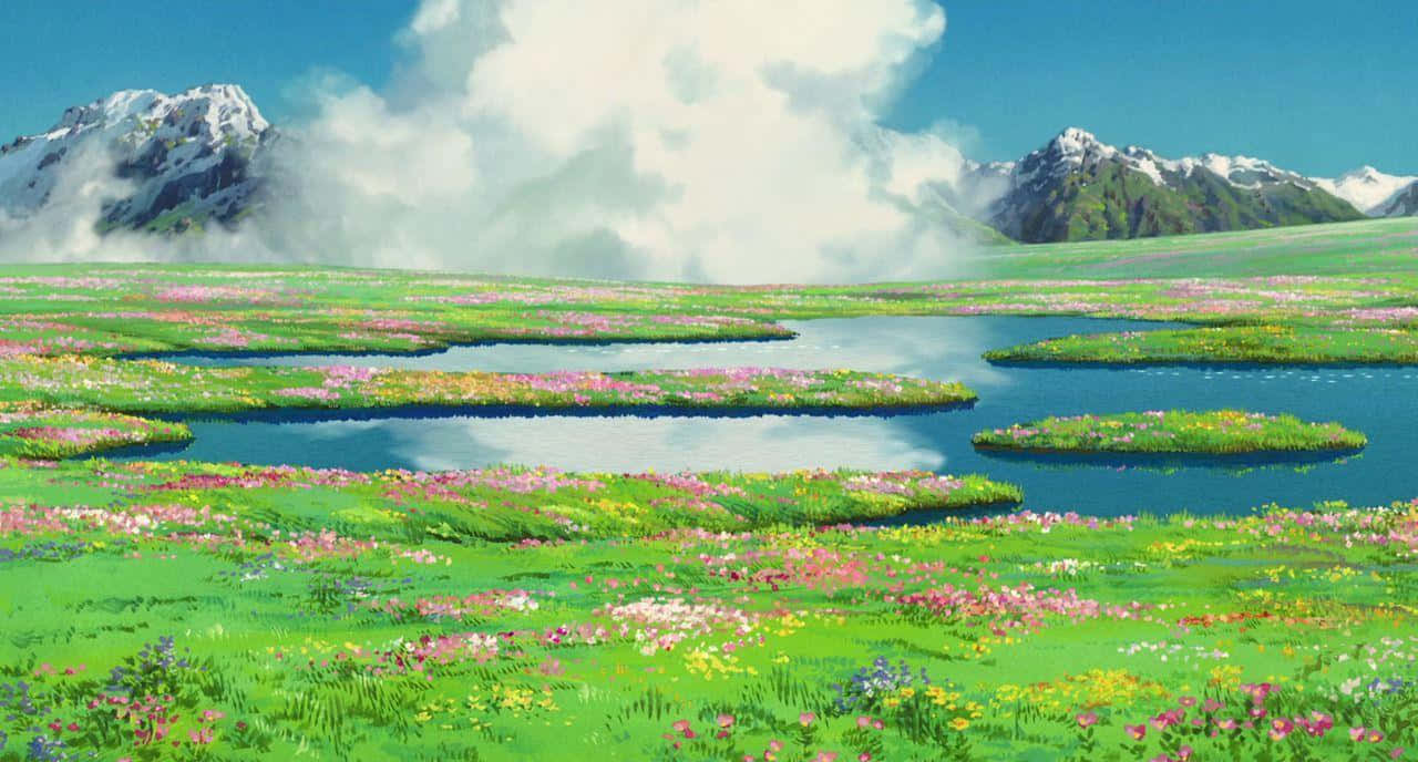 山巒與花朵交織的山景 壁紙