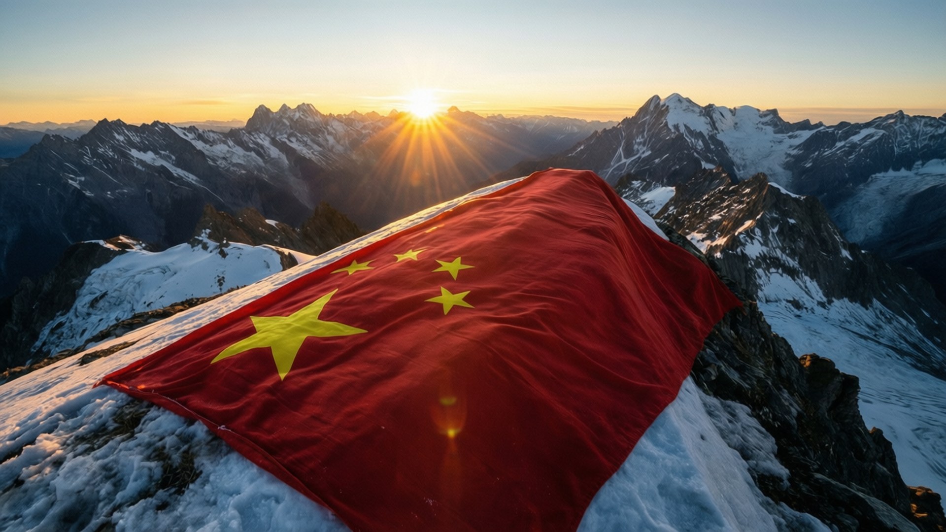黎明時分，中國國旗矗立於山頂的壯麗景象。