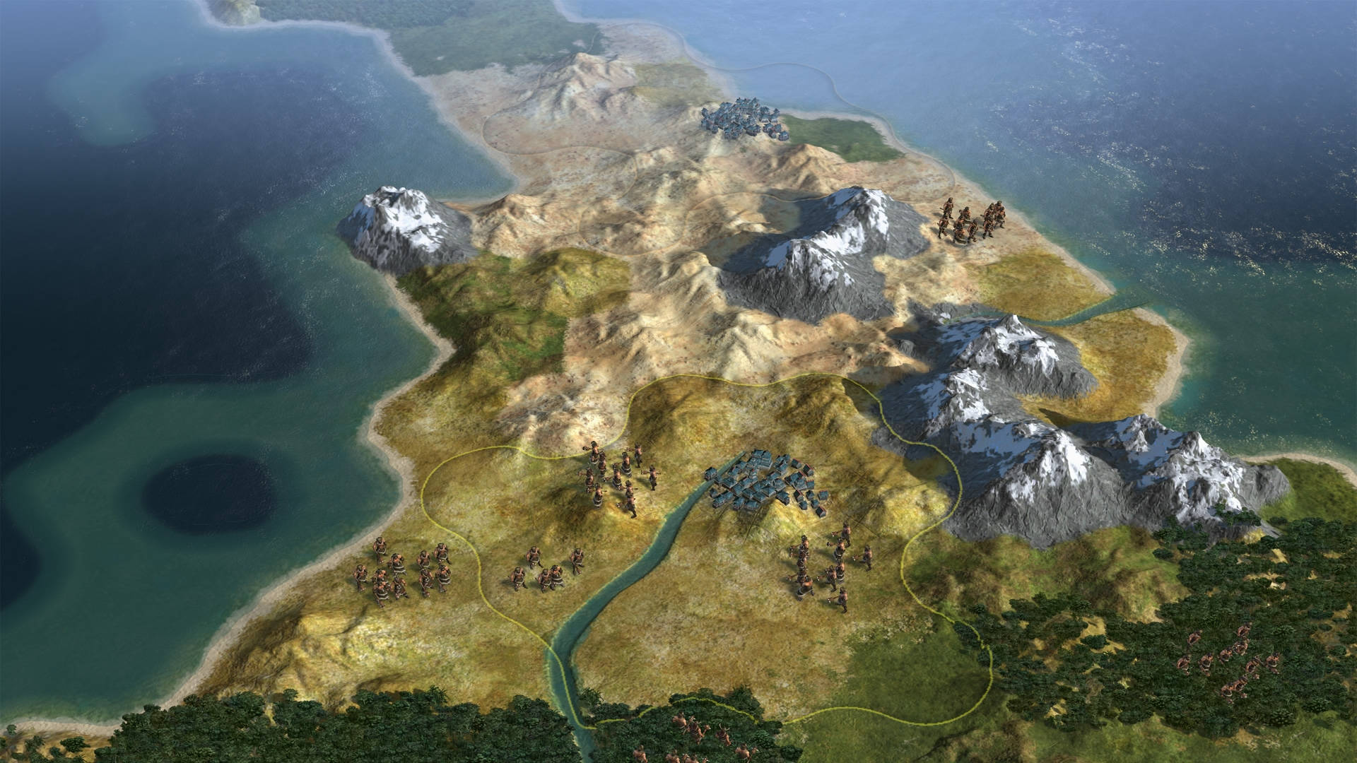 civilization 5 桌布 壁紙 — 山脈半島的鳥瞰圖，軍隊沿著蜿蜒的河流和海岸線行進。