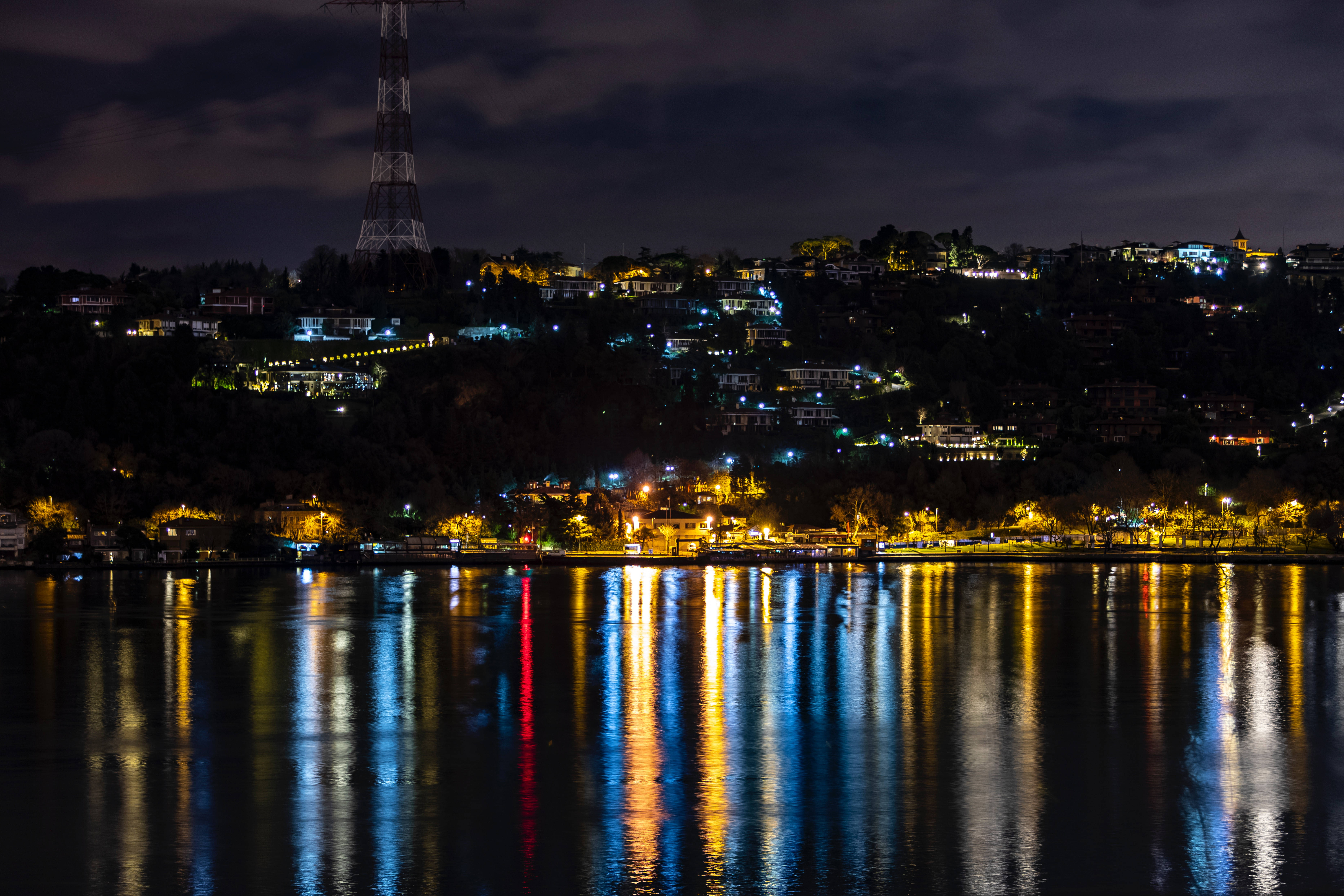 Istanbul 桌布 壁紙 — 山邊小鎮的夜景，發光的燈光倒映在下方平靜的水面上。