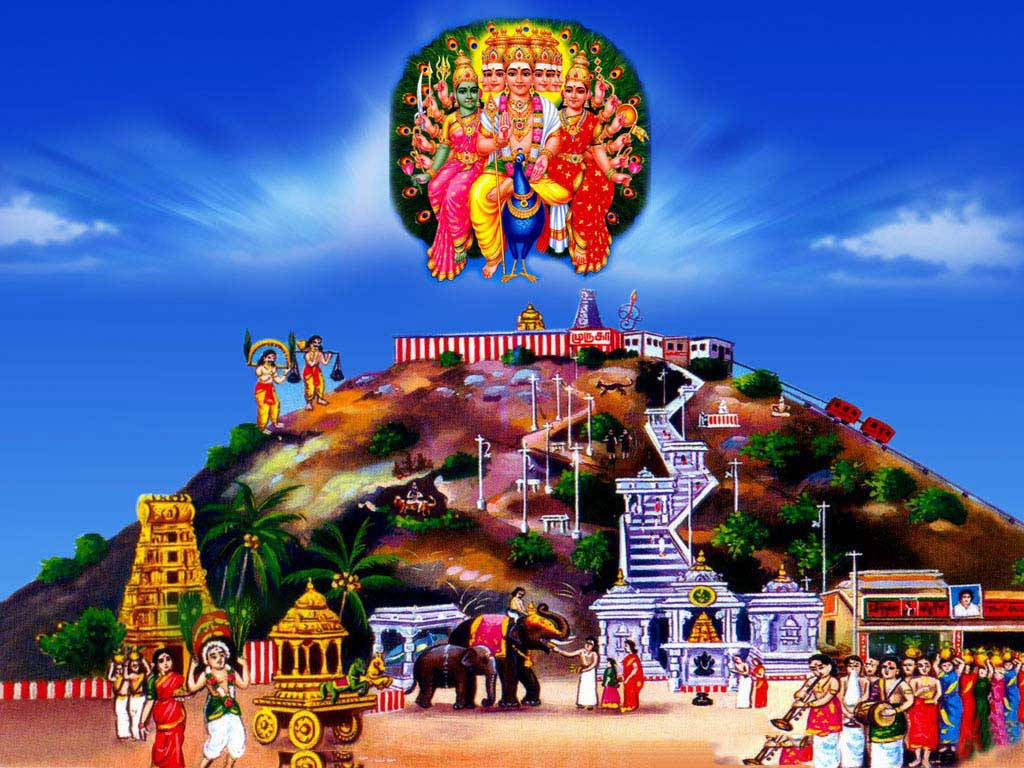 Hindu Temple 桌布 壁紙 — 山頂上印度教寺廟建築群的鮮豔插圖，上方神聖圓圈中的神靈和下方的信徒。