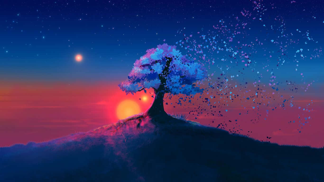 筆電 桌布 壁紙 — 山頂上的一棵孤樹在暮色天空中，伴隨著夕陽和星星，溶解成發光的粒子。