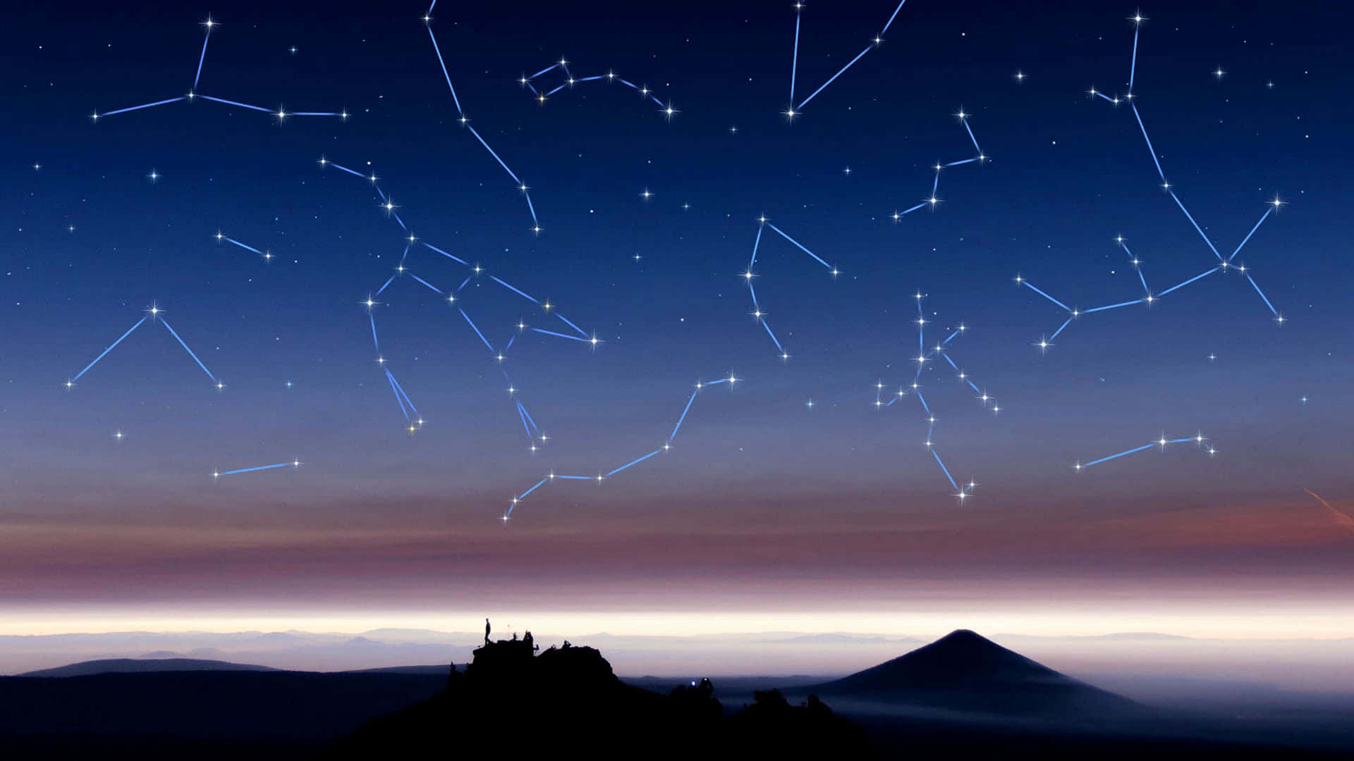 1920X1080 桌布 壁紙 — 山頂上的剪影人物仰望星空，藍色發光的星座輪廓清晰可見。