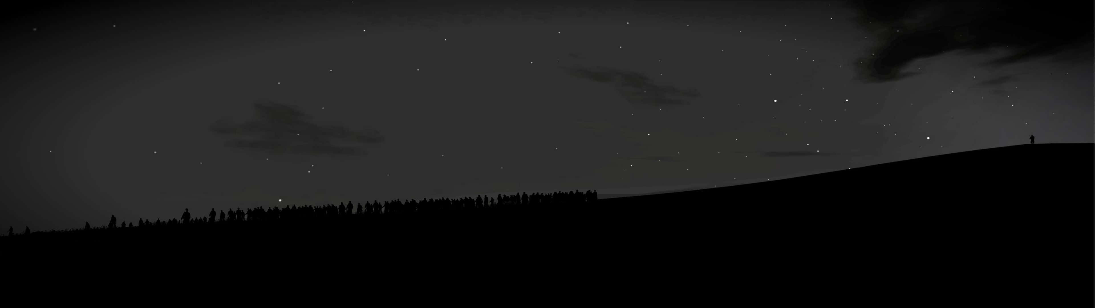 Minimalist Dual Monitor 桌布 壁紙 — 山頂上的剪影人物仰望繁星點點的夜空，雲朵散佈。