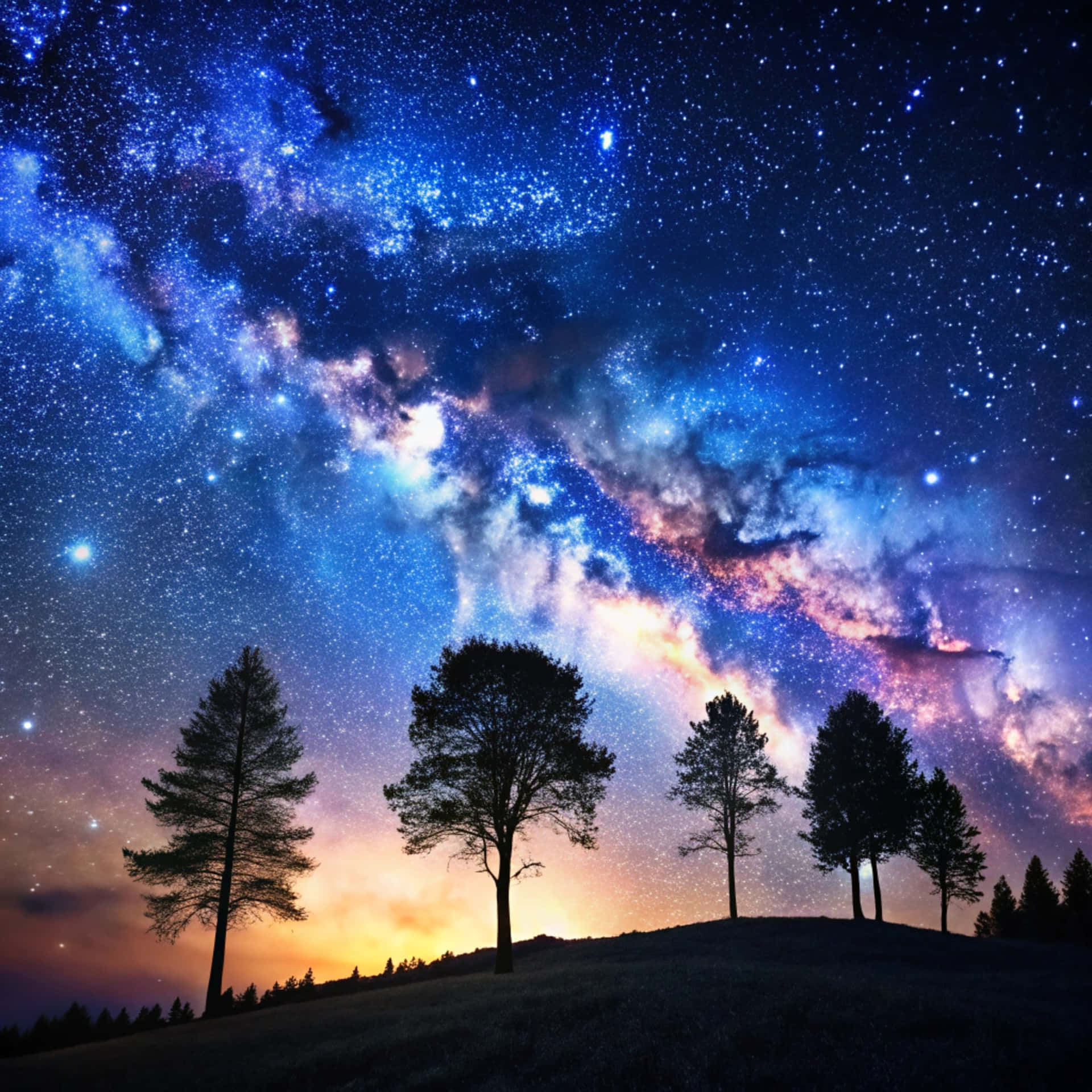 Night sky 壁紙 — 山頂上的樹木剪影仰望充滿宇宙塵埃和閃爍星光的鮮豔藍紫色星系。