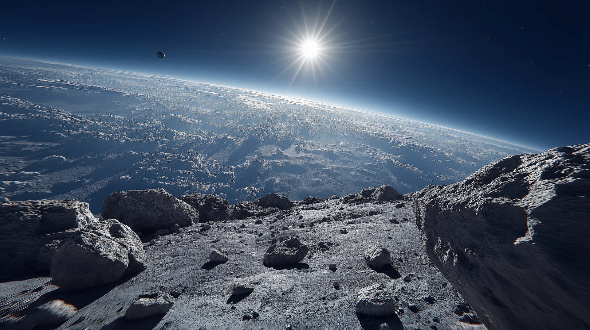 Sci-Fi Spaceship Navigating Asteroids Above an Alien Planet 壁紙 — 岩石小行星表面沐浴在明亮的陽光下，地球彎曲的地平線和遠處的月亮在深藍色的天空中可見。