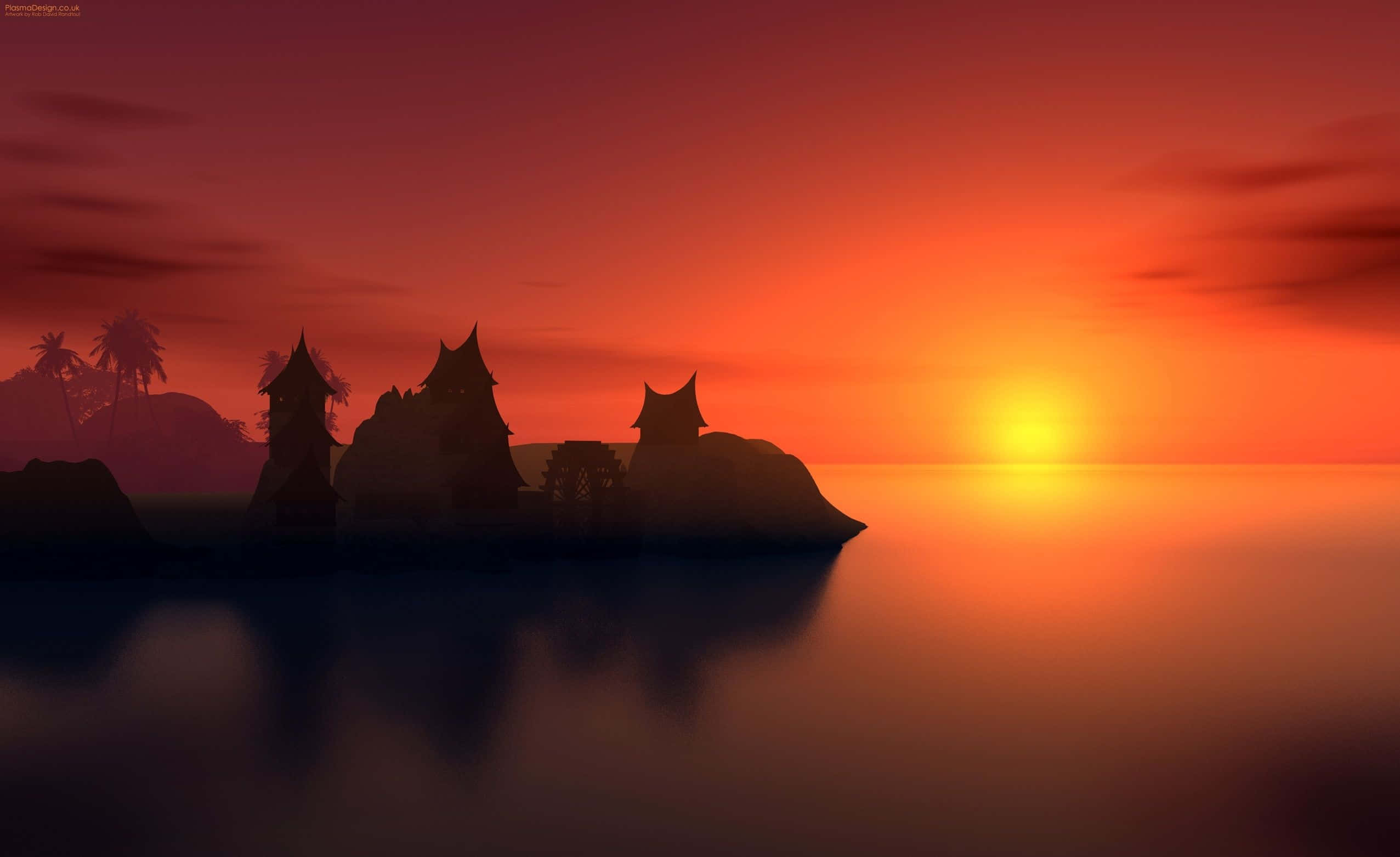 Sunset Painting 桌布 壁紙 — 岩石島上的寺廟群剪影，沐浴在火橙色夕陽中，倒映在平靜的水面上。