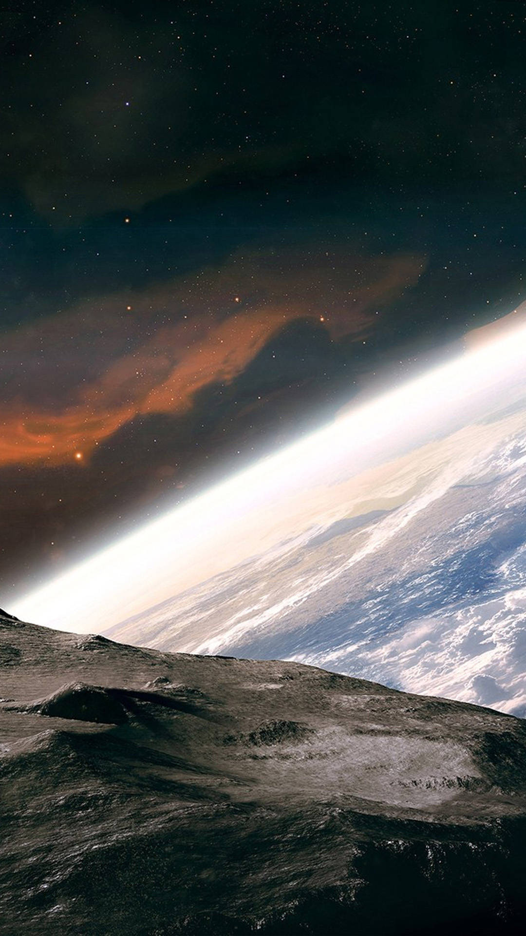 外太空 桌布 壁紙 — 岩石月球表面凝視著地球彎曲的地平線，在星雲滿佈的天空中散發著大氣光芒。