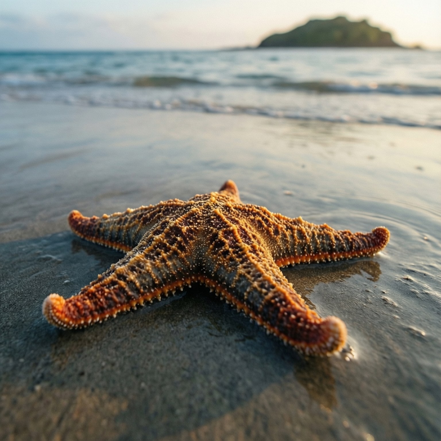 島嶼海星之晨 壁紙 — 一隻有紋理的橙色海星在日落時分躺在濕沙上，伴隨著柔和的海浪和遠處的島嶼，呈現柔焦效果。