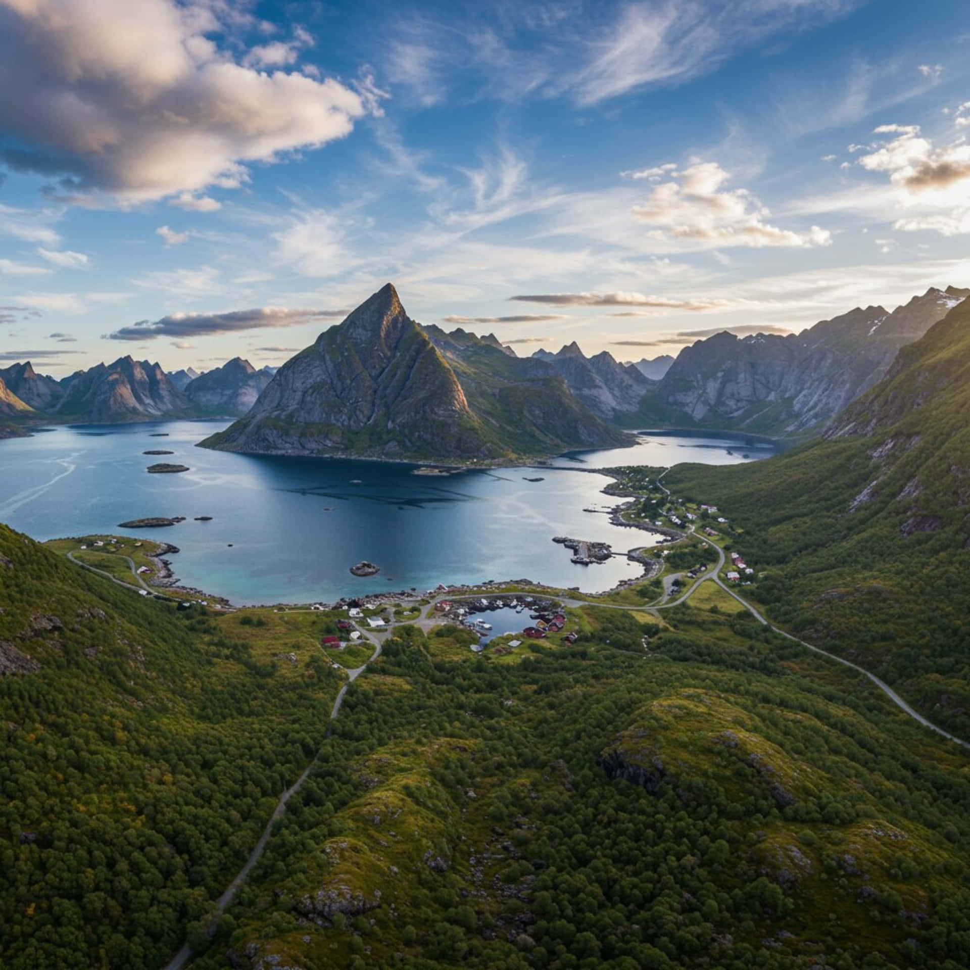 Lake with mountains 壁紙 — 峽灣的鳥瞰圖，坐落於高聳的綠色山脈之間，海岸線上有個小村莊，天空部分多雲。