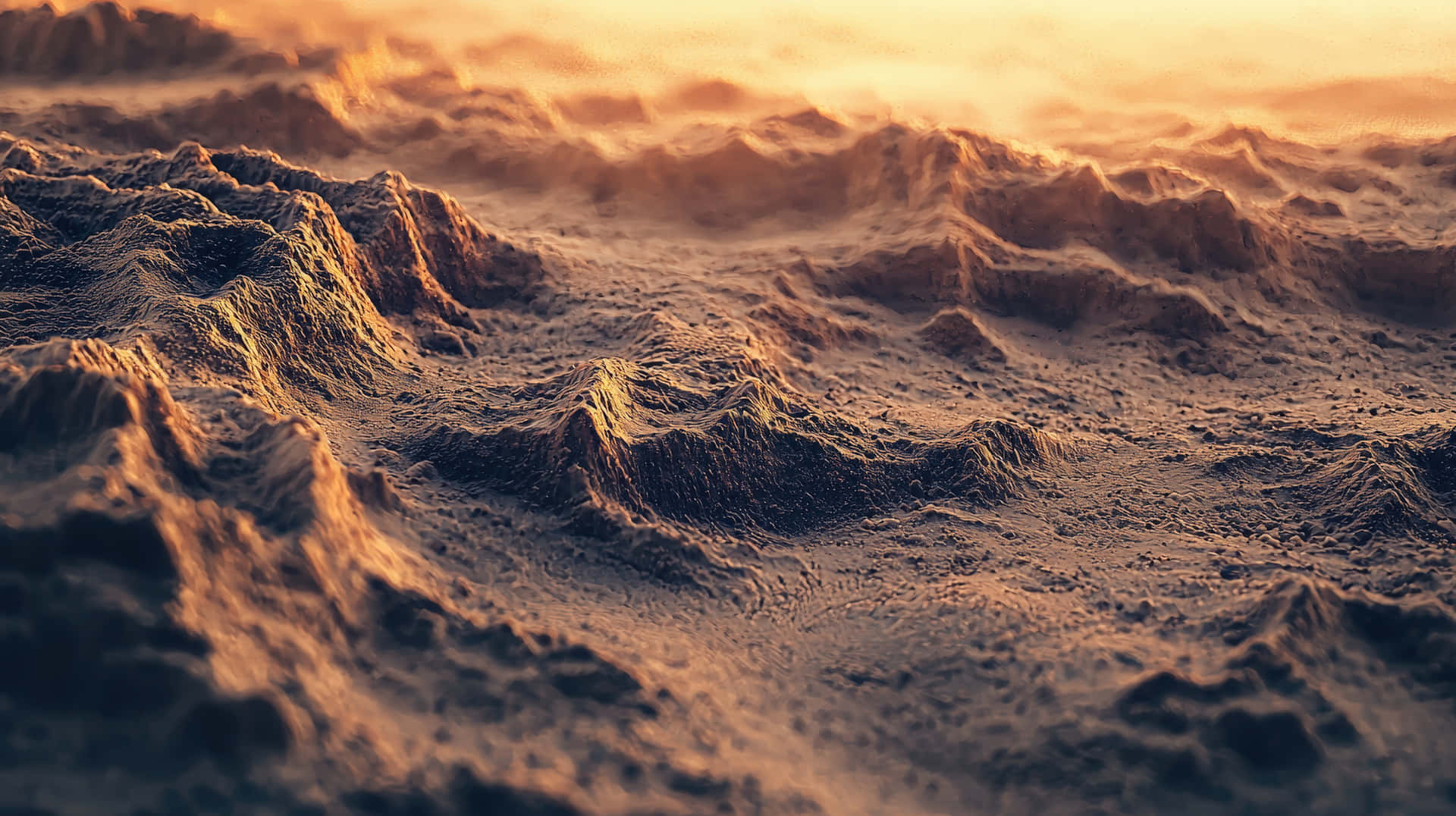 A stunning close-up of a desert landscape with textured sand dunes bathed in golden sunlight 壁紙 — 崎嶇不平、紋理豐富的地形在溫暖的金色夕陽光下沐浴，帶有柔和的大氣霧霾，戲劇性的特寫。