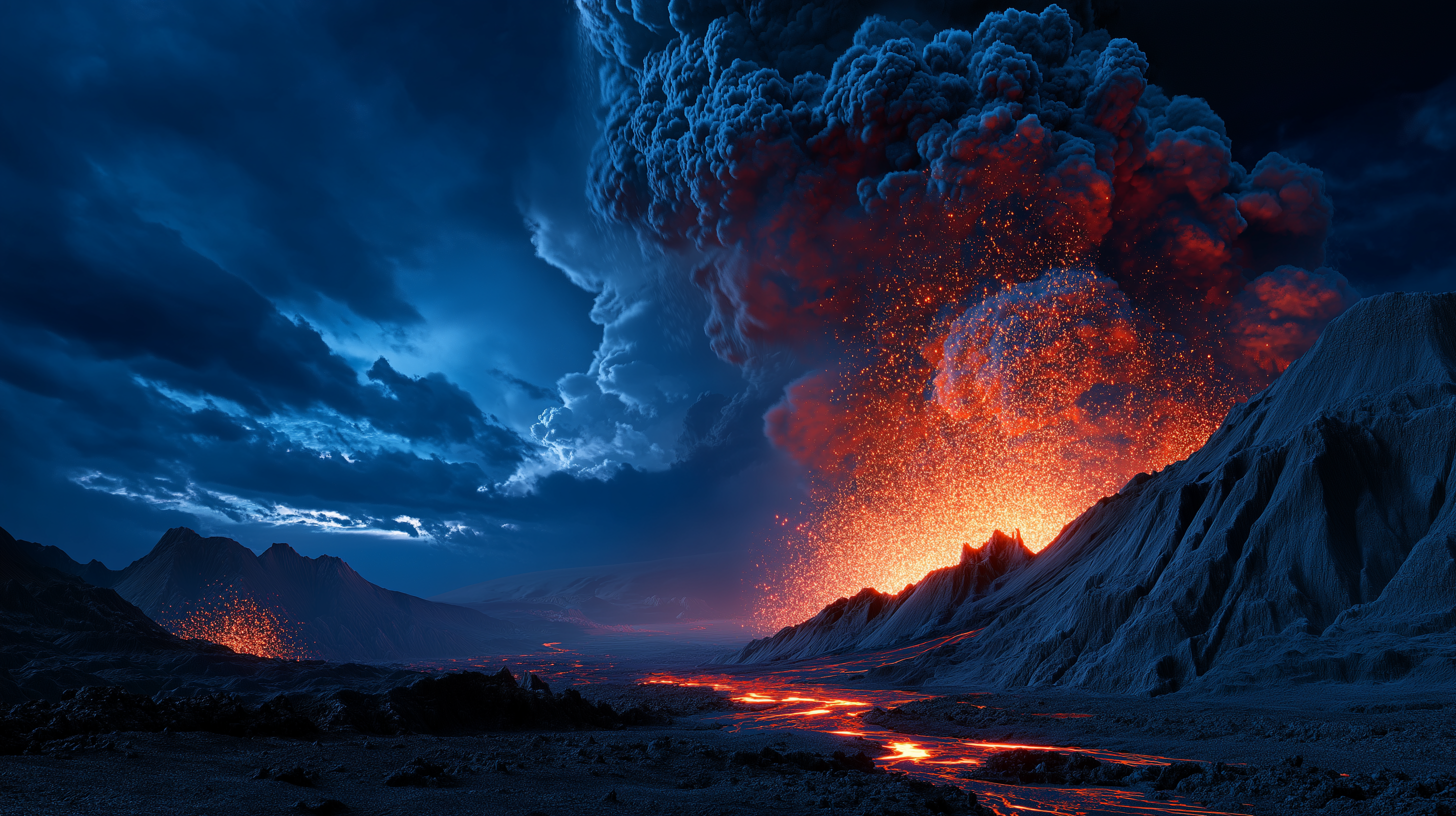lava 桌布 壁紙 — 崎嶇山脈上空，深藍色夜空中，火山爆發，噴出熾熱熔岩和發光火山灰。