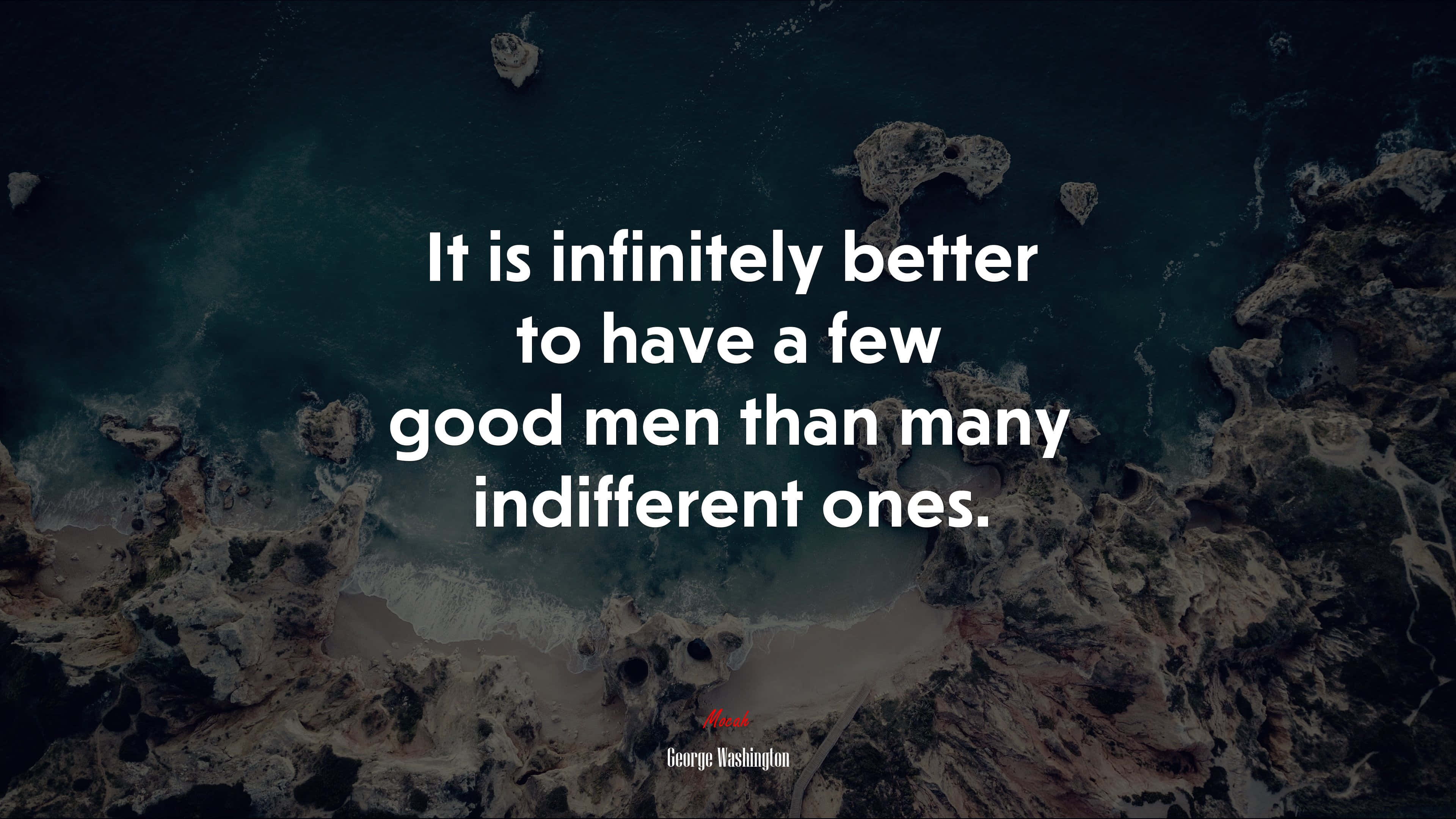 Indifferent 桌布 壁紙 — 崎嶇海岸線的航拍圖，深藍綠色海水與岩石海岸上覆蓋著白色勵志名言。