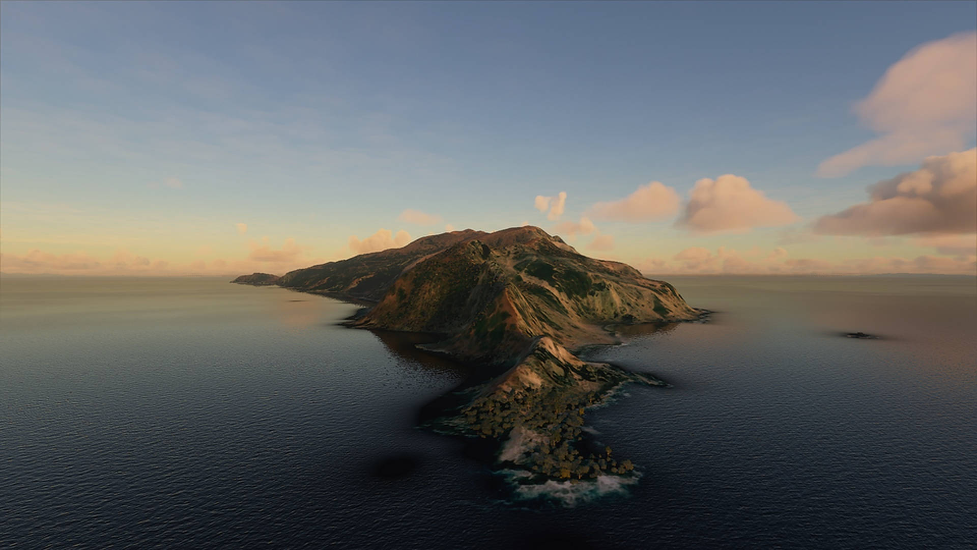 Catalina 桌布 壁紙 — 崎嶇火山島的鳥瞰圖，日落時分，平靜的海水和柔和的金色雲彩。