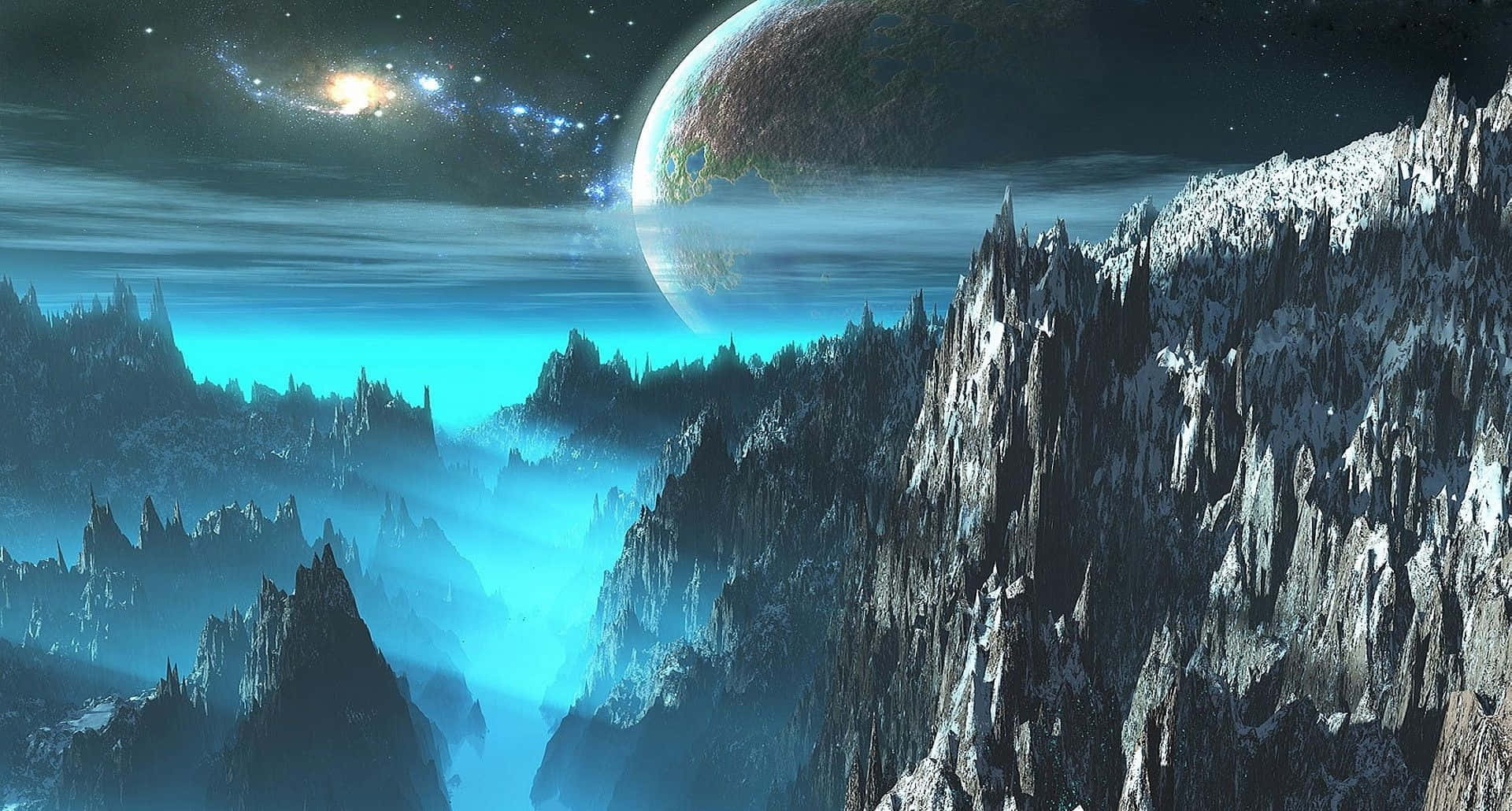 1920X1080 桌布 壁紙 — 崎嶇的外星山脈沐浴在空靈的藍光下，廣闊的宇宙天空中閃耀著星系和遙遠的行星。
