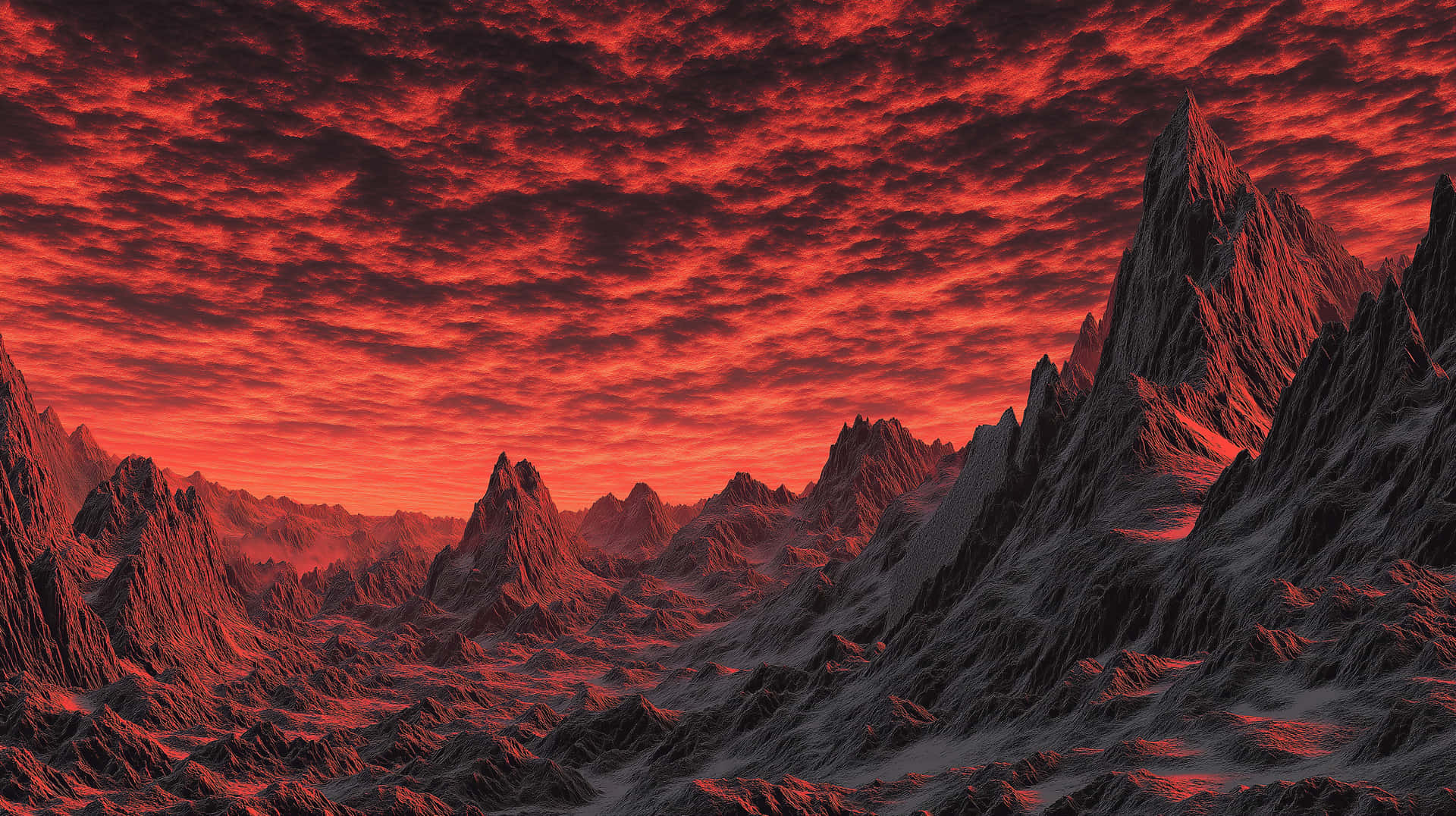 Apocalyptic Landscape with Jagged Mountains Under a Fiery Red Sky 壁紙 — 崎嶇的山脈在動盪的深紅色天空下沐浴在火紅的光芒中。