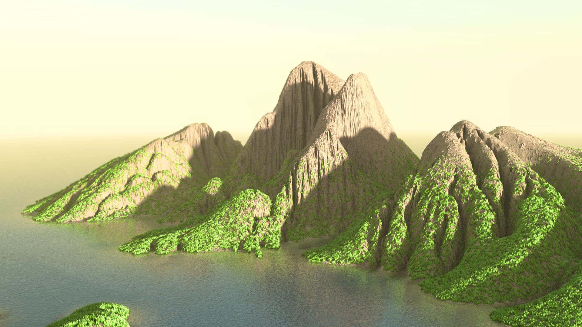 3d Landscape 桌布 壁紙 — 崎嶇的山脈擁有茂密的綠色山坡，從平靜的水面升起，籠罩在柔和的金色天空下。