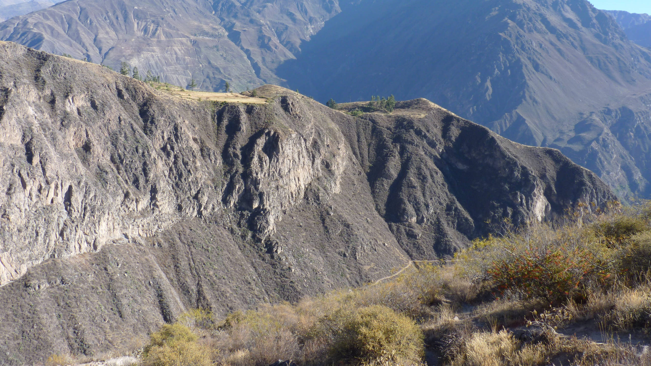 Canyon 桌布 壁紙 — 崎嶇的山脊在明亮的日光下，乾燥的灌木叢揭示了層狀岩石紋理和深邃的山谷。