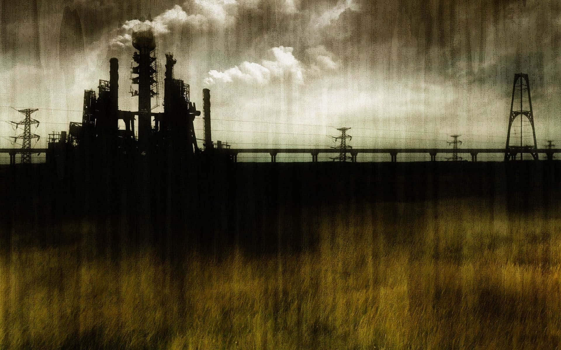 Industry 桌布 壁紙 — 工業區的剪影，有煙囪和電線，背景是陰沉的陰天，前景是金色的草地。