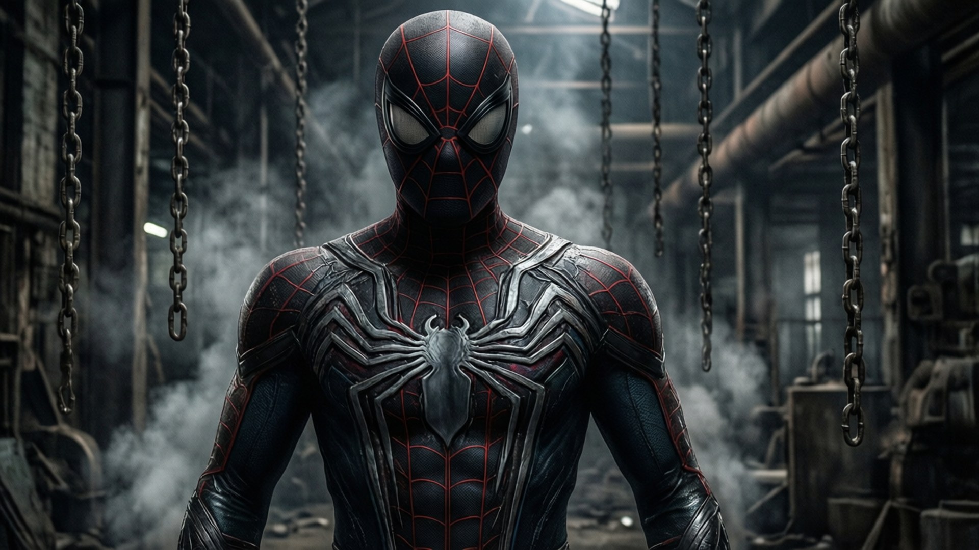 工業暗夜義警 壁紙 — 身穿深色戰衣的蜘蛛人在煙霧彌漫的工業倉庫中，掛著鐵鏈和昏暗的頂燈，挑釁地站立。