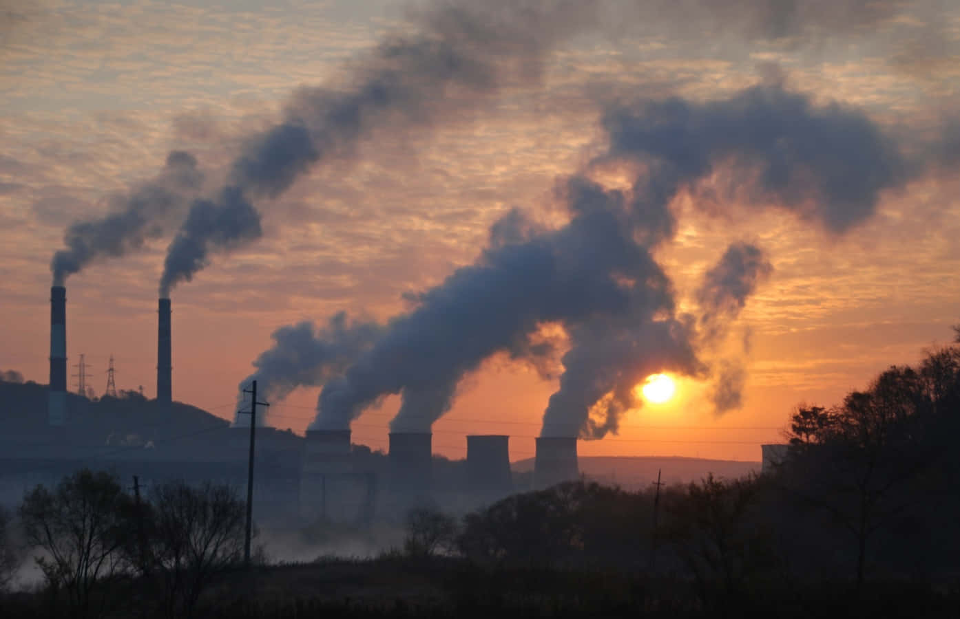 Pollution 桌布 壁紙 — 工業煙囪冒出的煙霧，映襯著火紅的夕陽天空，在光禿禿的樹木上投下長長的影子。