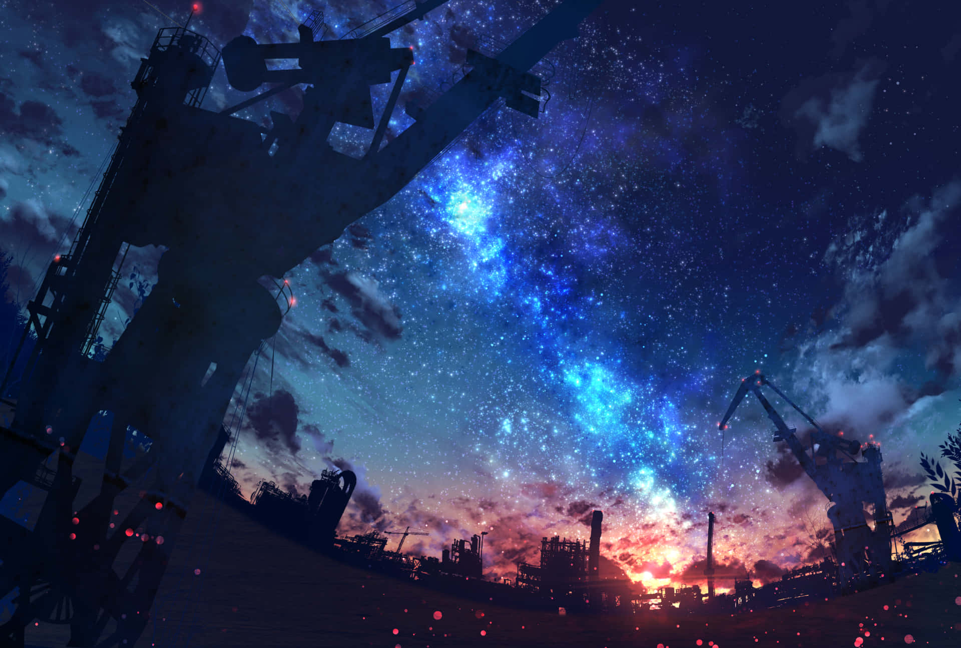 動漫 桌布 壁紙 — 工業起重機和結構在充滿閃爍星星和宇宙星雲的 vibrant 暮色天空下的剪影。