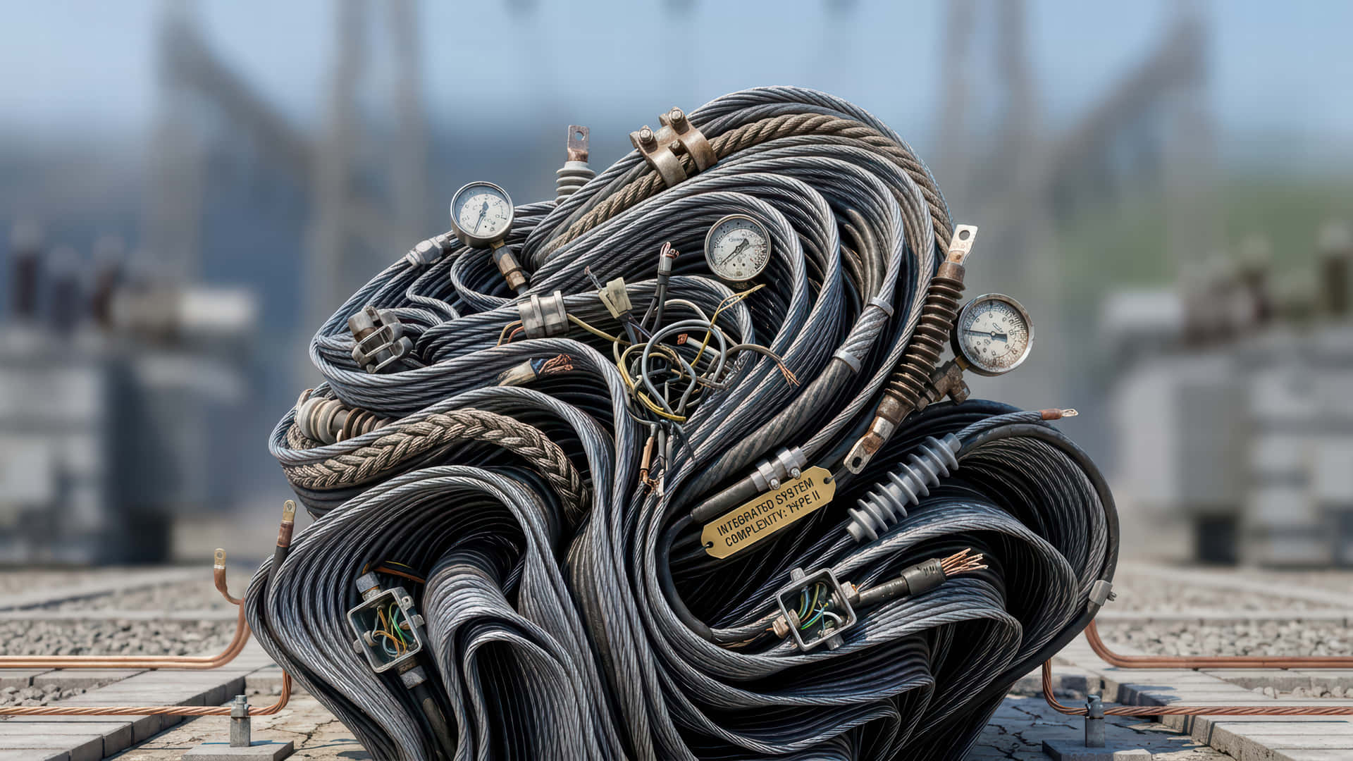 Metallic industrial Bloom modded wallpaper for desktop Enhancement, 壁紙 — 工業電纜和儀表混亂纏繞，高高堆積在混凝土平台上，背景有模糊的電力設備。