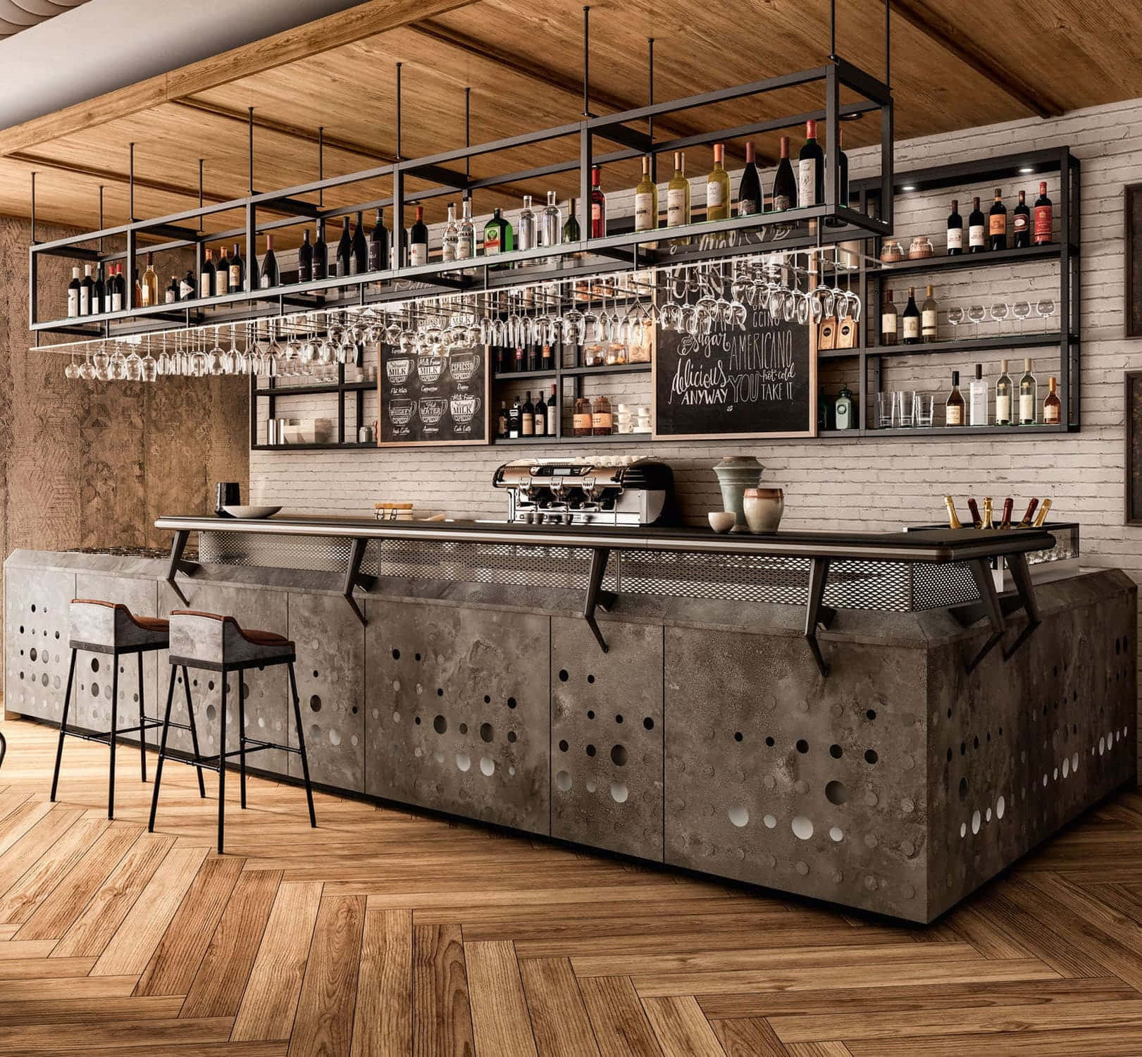 Bar 桌布 壁紙 — 工業風格酒吧，設有穿孔混凝土檯面、金屬層架擺放酒瓶和懸掛酒杯、木地板和裸露的天花橫樑。