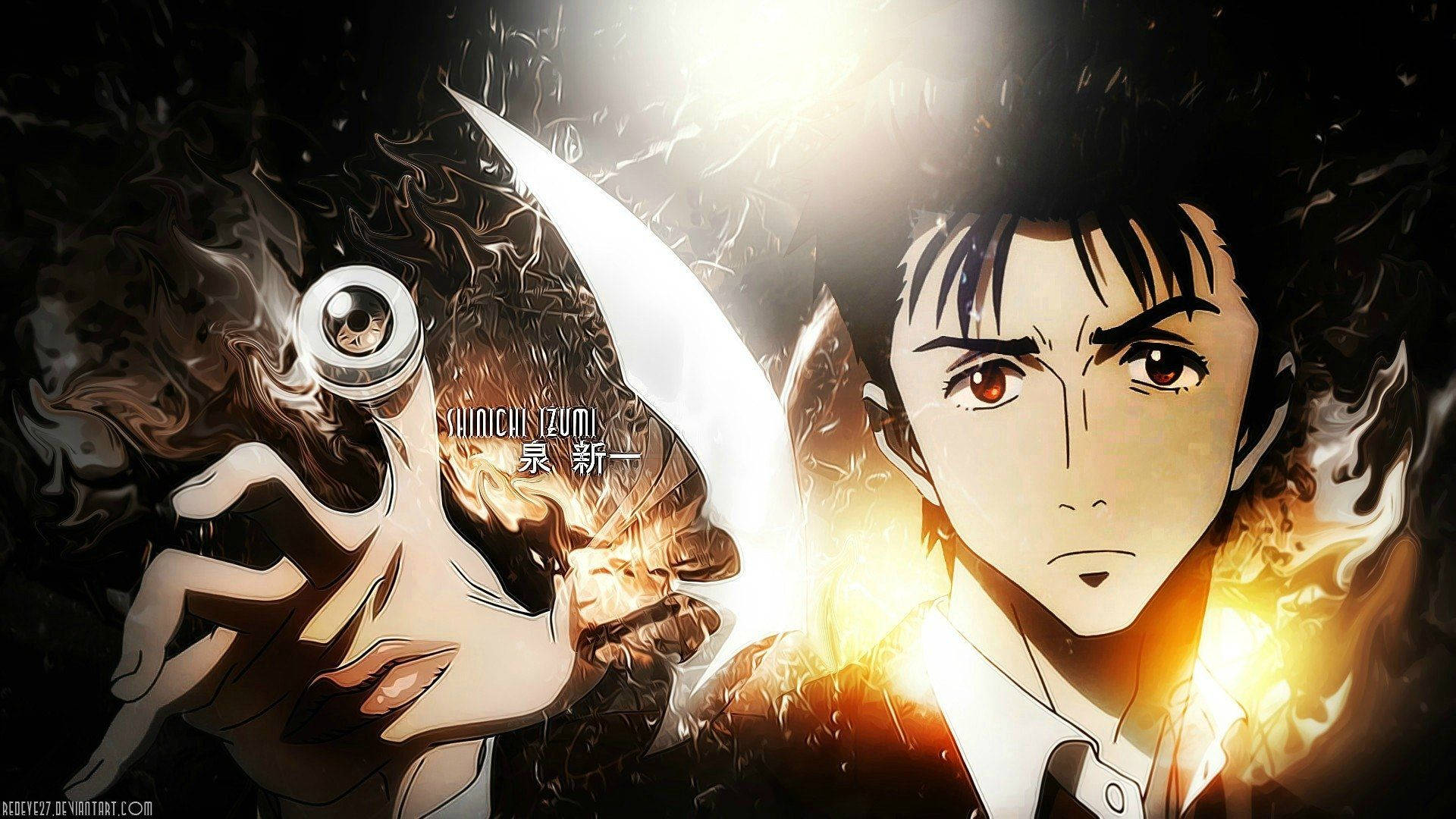 Parasyte 桌布 壁紙 — 工藤新一在火焰般的黑暗背景下手持發光放大鏡的戲劇性動畫肖像。