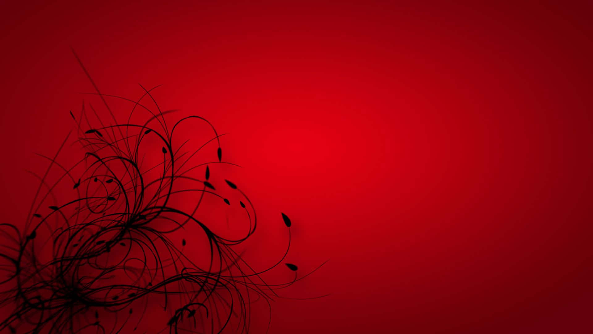 1920x1080 Red 桌布 壁紙 — 左下角帶有優雅黑色抽象花卉漩渦的大膽紅色漸變背景。