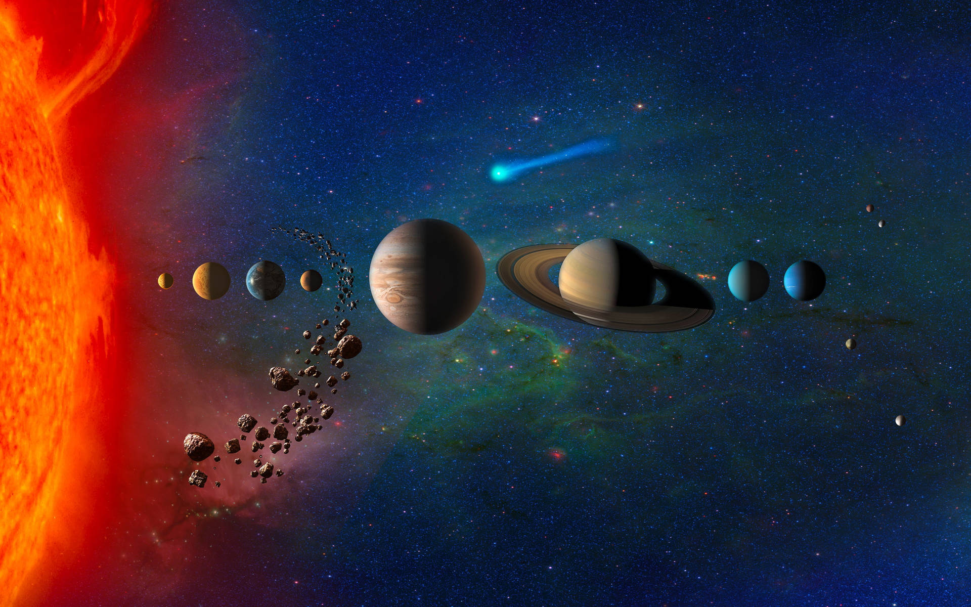 太陽、行星和小行星在宇宙空間中的太陽系