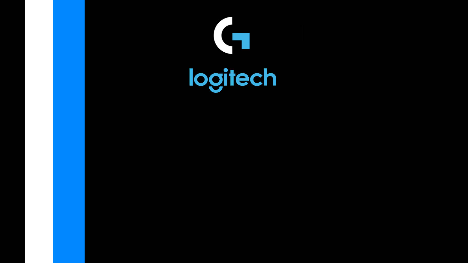 Logitech 桌布 壁紙 — 左側有藍白垂直條紋的簡約黑色背景，中央有藍色Logitech標誌。