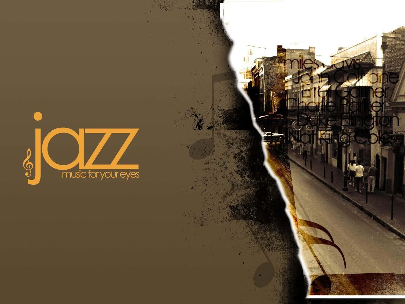 Jazz 桌布 壁紙 — 左側為懷舊爵士主題圖形，右側為粗獷城市街景的分割圖像。