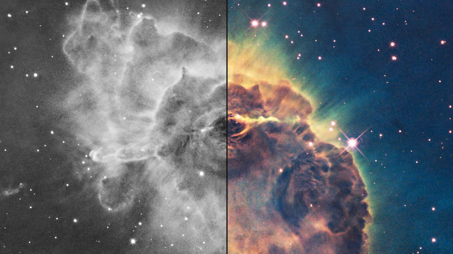 銀河 桌布 壁紙 — 左側為灰階、右側為鮮豔色彩的宇宙星雲分割視圖，帶有發光的星星。