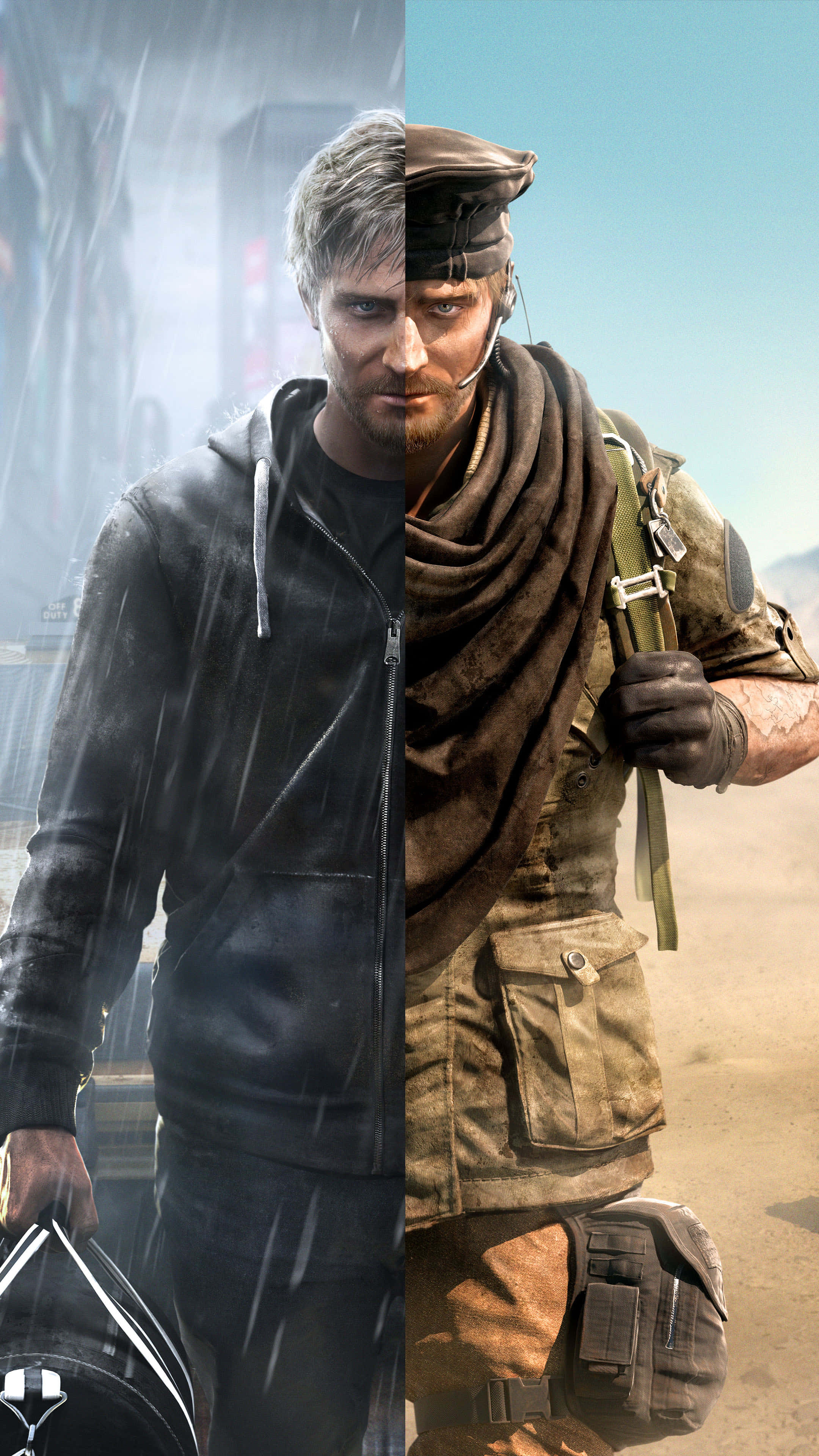 Rainbow Six Siege Maverick 桌布 壁紙 — 左邊是一個穿連帽衫的男人在雨中，右邊是一個穿沙漠裝備的士兵，分割畫面肖像。
