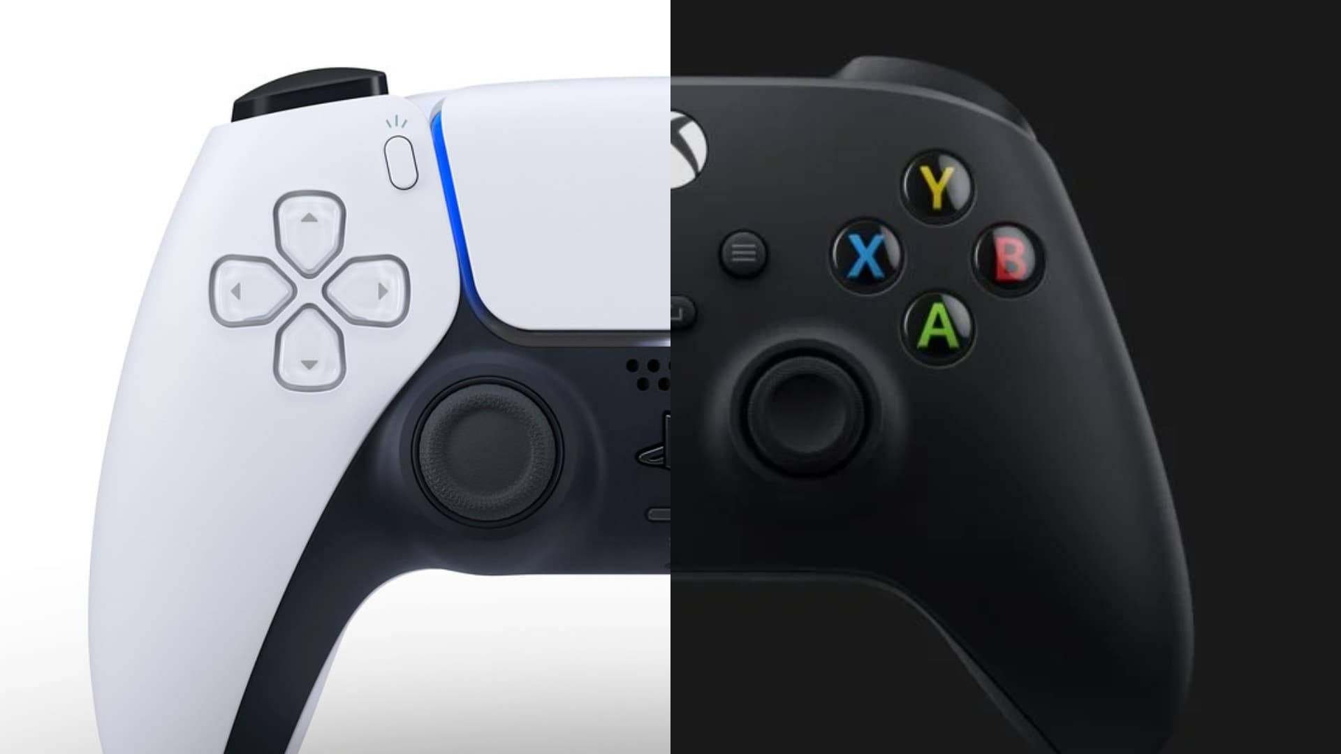 PS5 動態圖片 桌布 壁紙 — 左邊白色PlayStation手把與右邊黑色Xbox手把的分割畫面特寫。