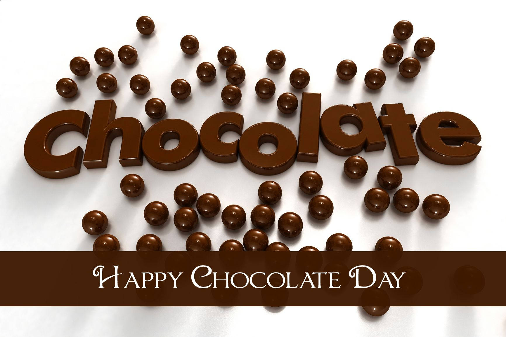 Chocolate 桌布 壁紙 — 「巧克力」一詞以閃亮3D字母拼寫，周圍環繞著巧克力球體，白色背景上有一個棕色橫幅，寫著happy chocolate day。