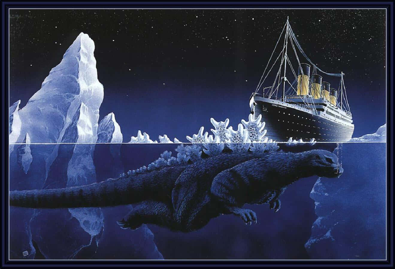 Godzilla Earth 桌布 壁紙 — 巨型哥吉拉在冰冷的海水下游泳，鐵達尼號在上方航行，周圍是星空下高聳的冰山。
