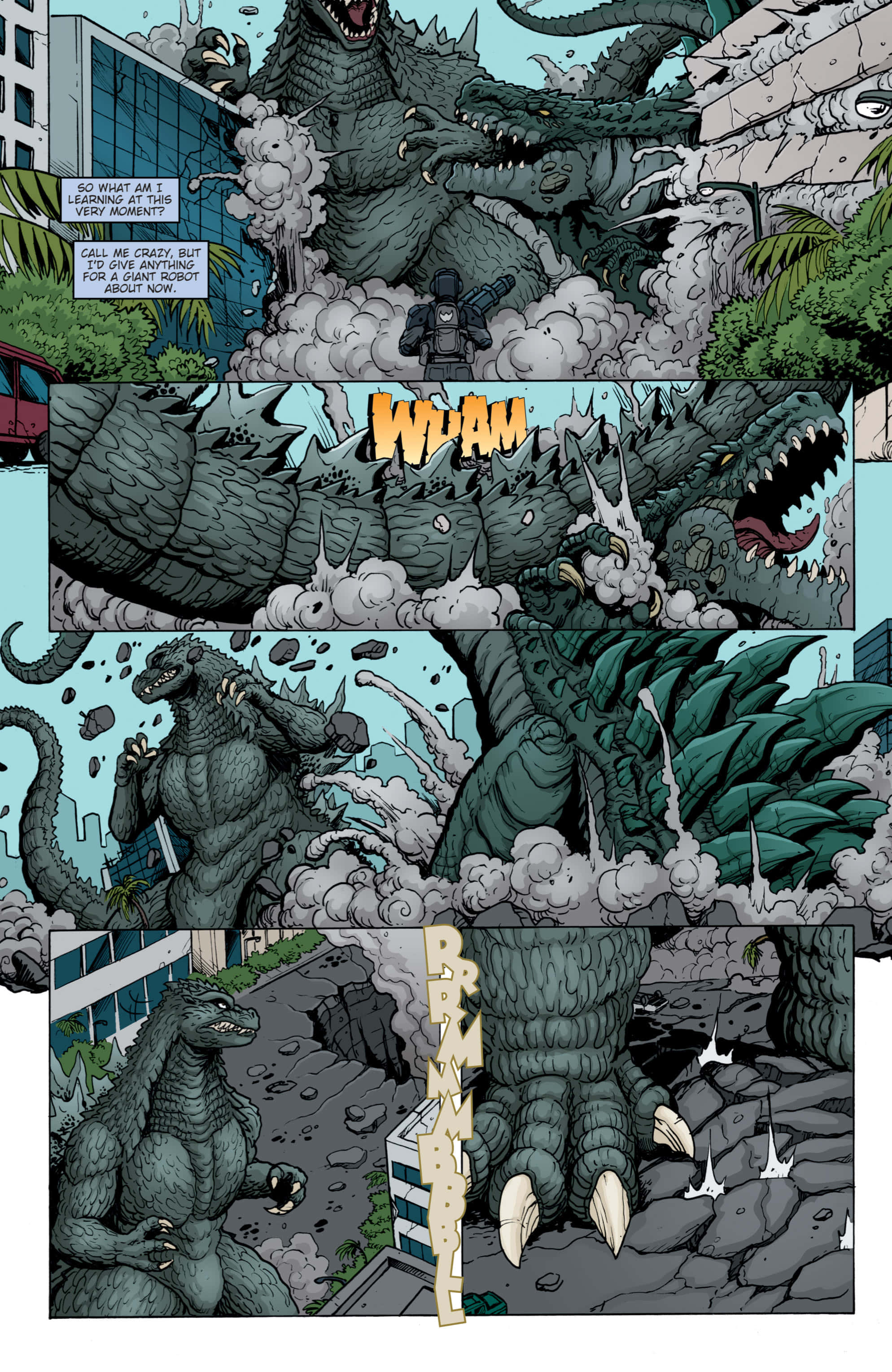 Godzilla Earth 桌布 壁紙 — 巨型哥吉拉在漫畫格中踩過城市景觀，伴隨著爆炸和飛揚的碎片。