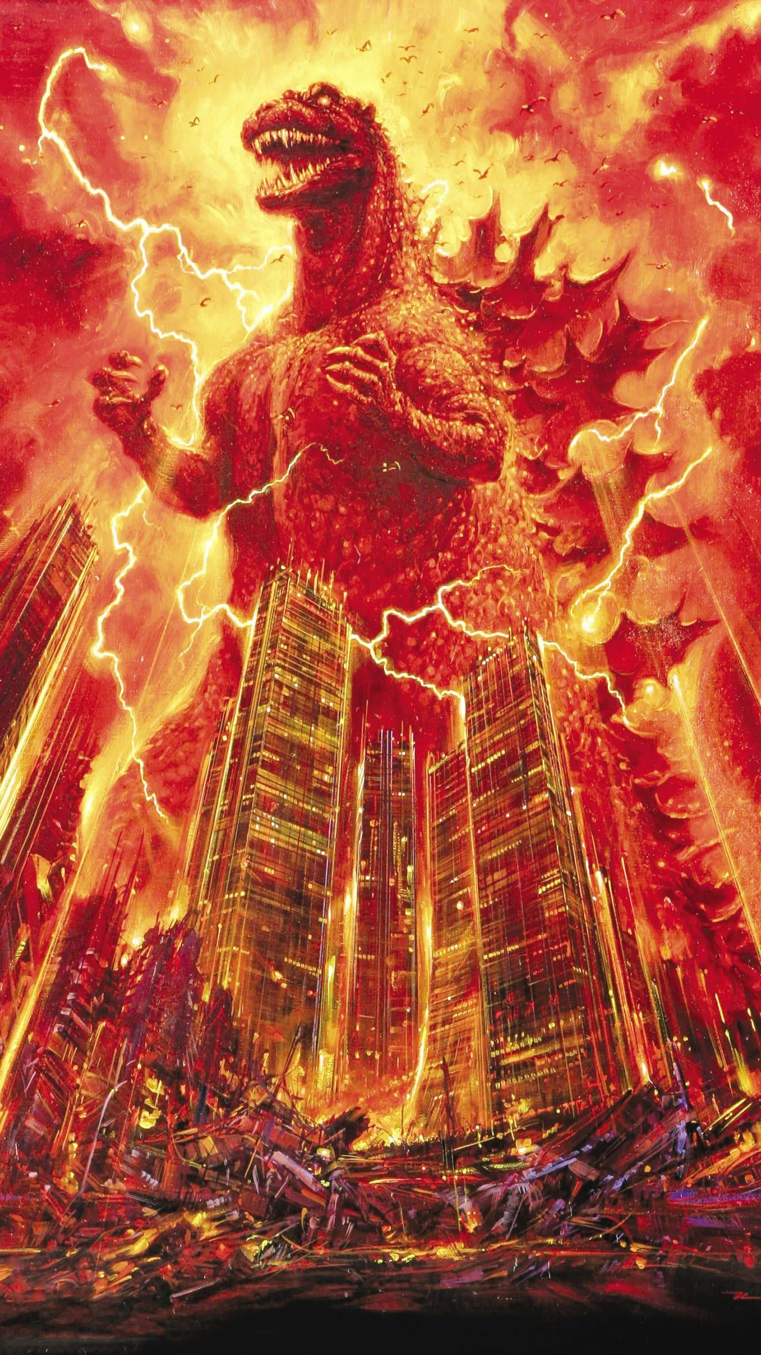Burning Godzilla 桌布 壁紙 — 巨型哥吉拉在烈火熊熊的城市末日中咆哮，閃電在其高聳的身軀周圍劈啪作響。