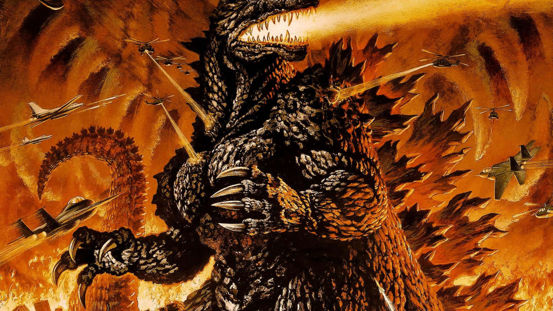 Godzilla 2014 桌布 壁紙 — 巨型哥吉拉在熾熱的橙色天空中咆哮，戰鬥機在他周圍蜂擁而至，形成混亂的戰鬥場景。