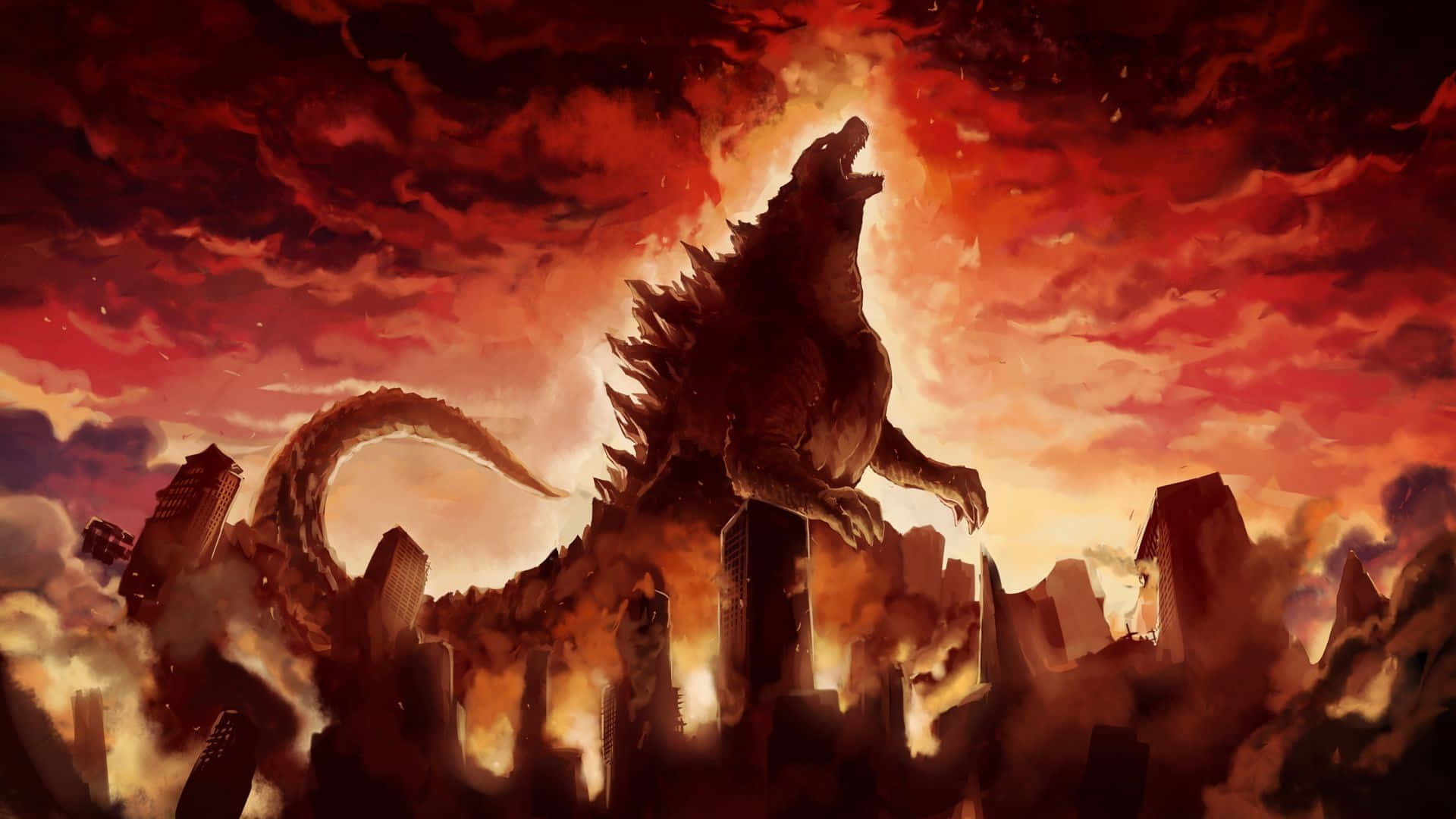 Godzilla 2014 桌布 壁紙 — 巨型哥吉拉在燃燒的城市天際線上咆哮，天空呈現火紅橙色。