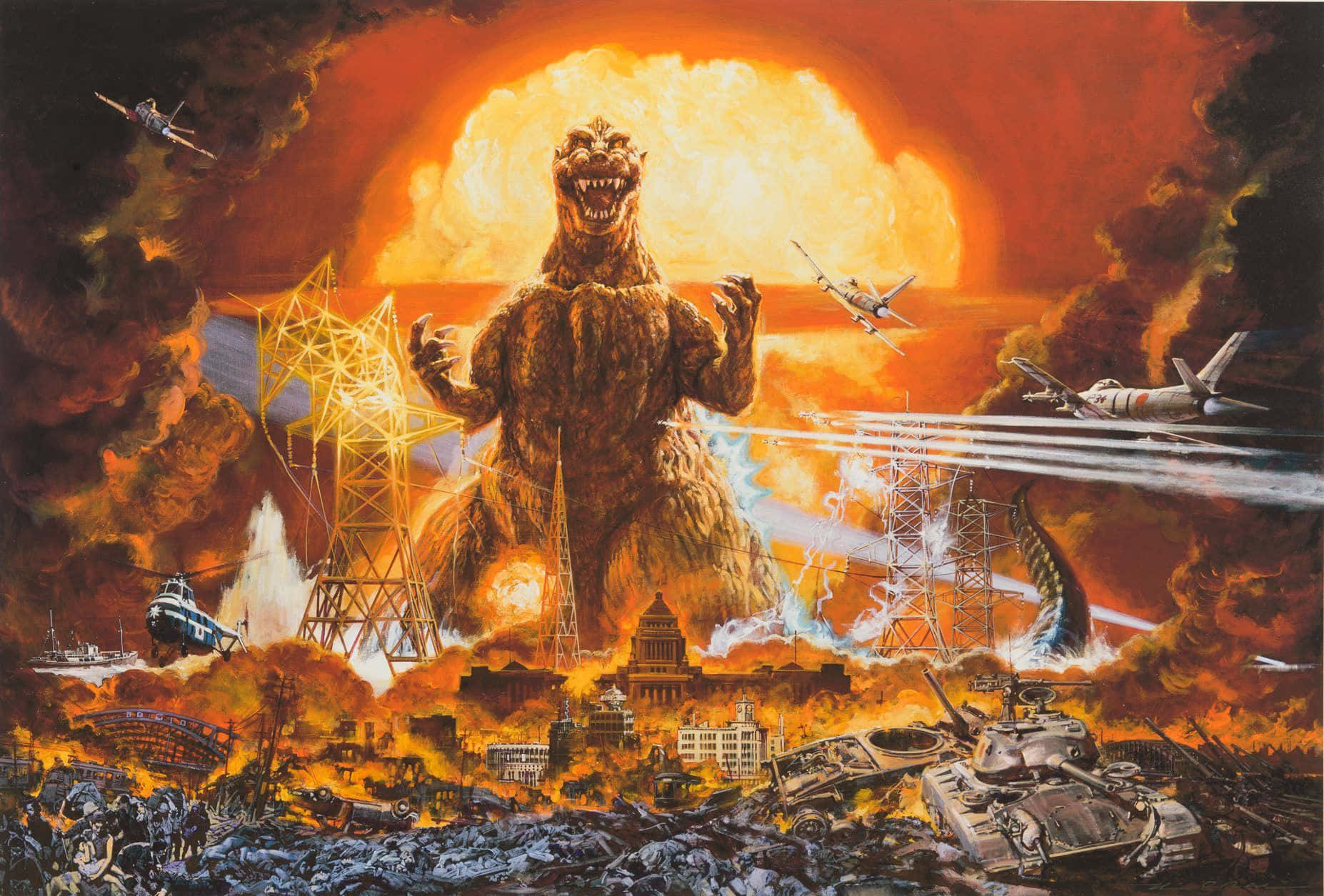 Godzilla 1954 桌布 壁紙 — 巨型哥吉拉在燃燒的城市末日中咆哮，飛機和坦克在熾熱的核爆下戰鬥。