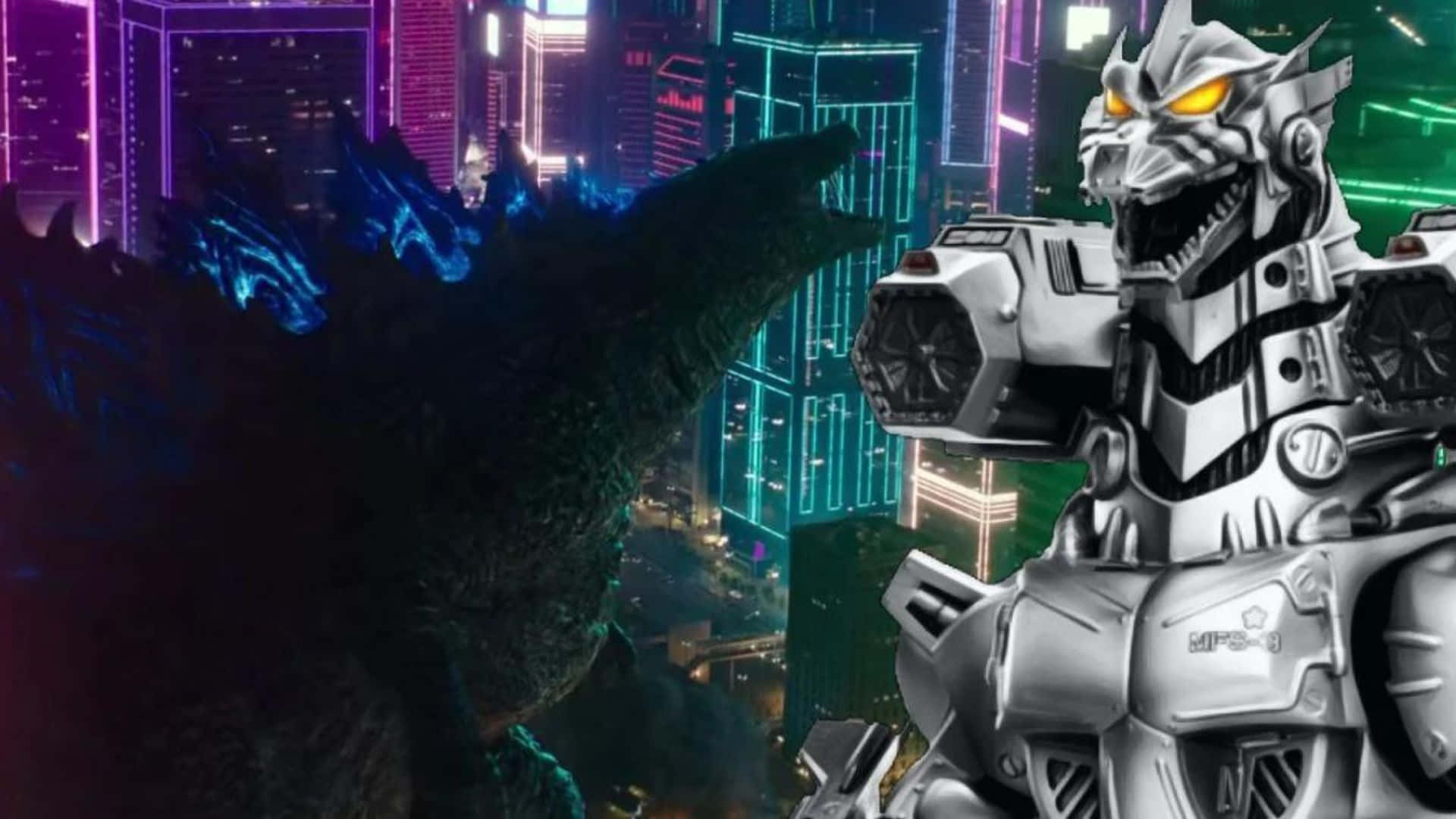 Godzilla Vs Mechagodzilla 桌布 壁紙 — 巨型哥吉拉與機械怪獸在夜晚霓虹燈閃爍的未來城市景觀中對峙。