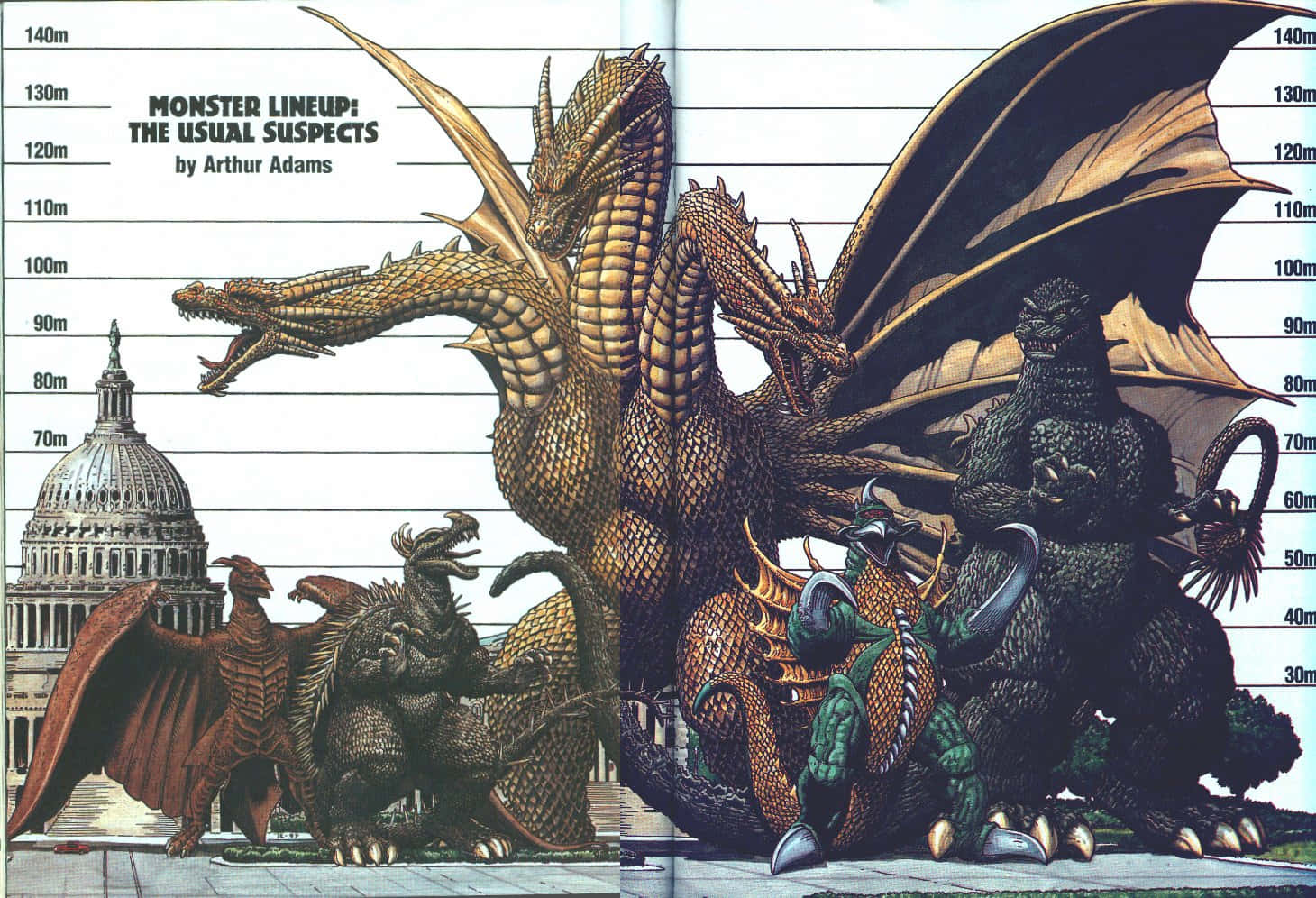 godzilla 1998 桌布 壁紙 — 巨型怪物（包括哥吉拉和龍）的插圖陣容，根據美國國會大廈旁邊的高度圖進行縮放。