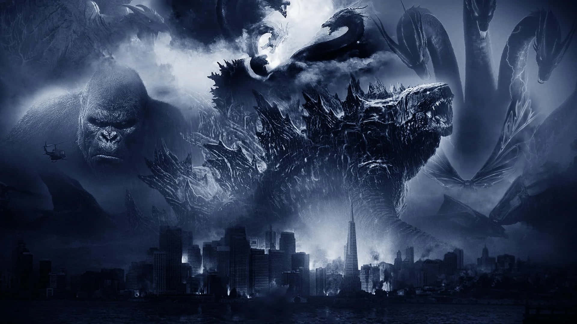 Monsterverse 桌布 壁紙 — 巨型怪物哥吉拉、金剛和摩斯拉在暴風雨的天空下，於黑暗的城市天際線上戰鬥。