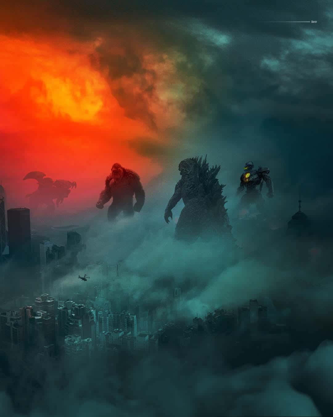 Monsterverse 桌布 壁紙 — 巨型怪物籠罩在迷霧中的城市上空，天空呈現火橙色和深藍綠色。